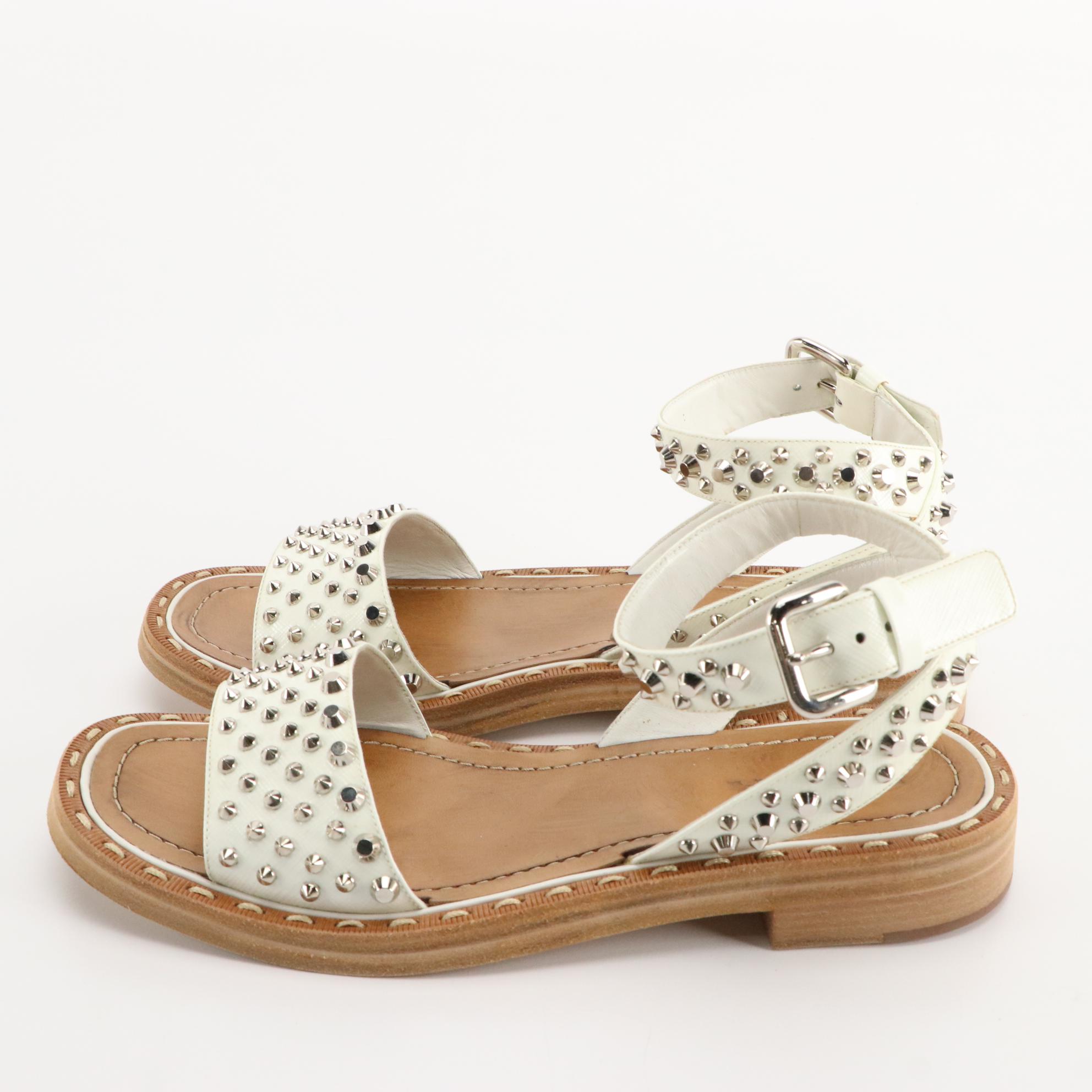 Prada Studded White Intrecciato Leather Sandals in Box