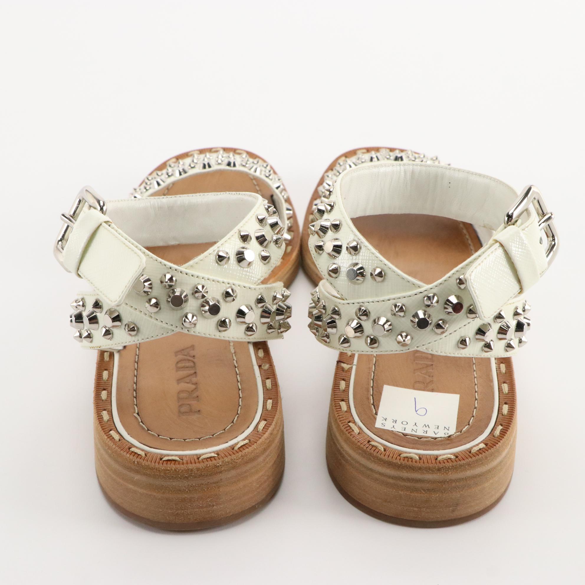Prada Studded White Intrecciato Leather Sandals in Box