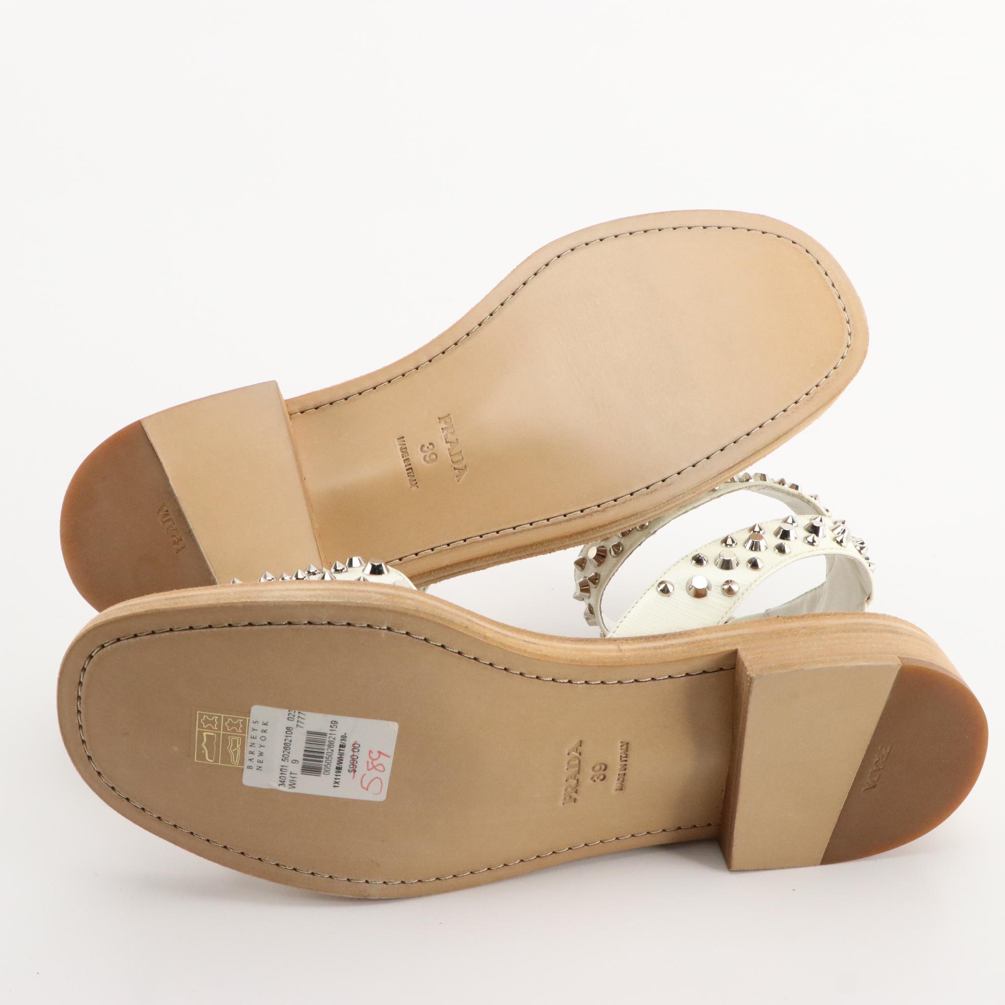 Prada Studded White Intrecciato Leather Sandals in Box