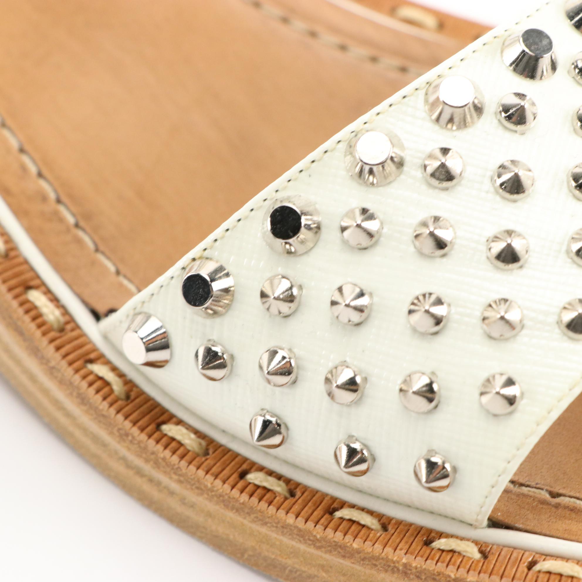 Prada Studded White Intrecciato Leather Sandals in Box