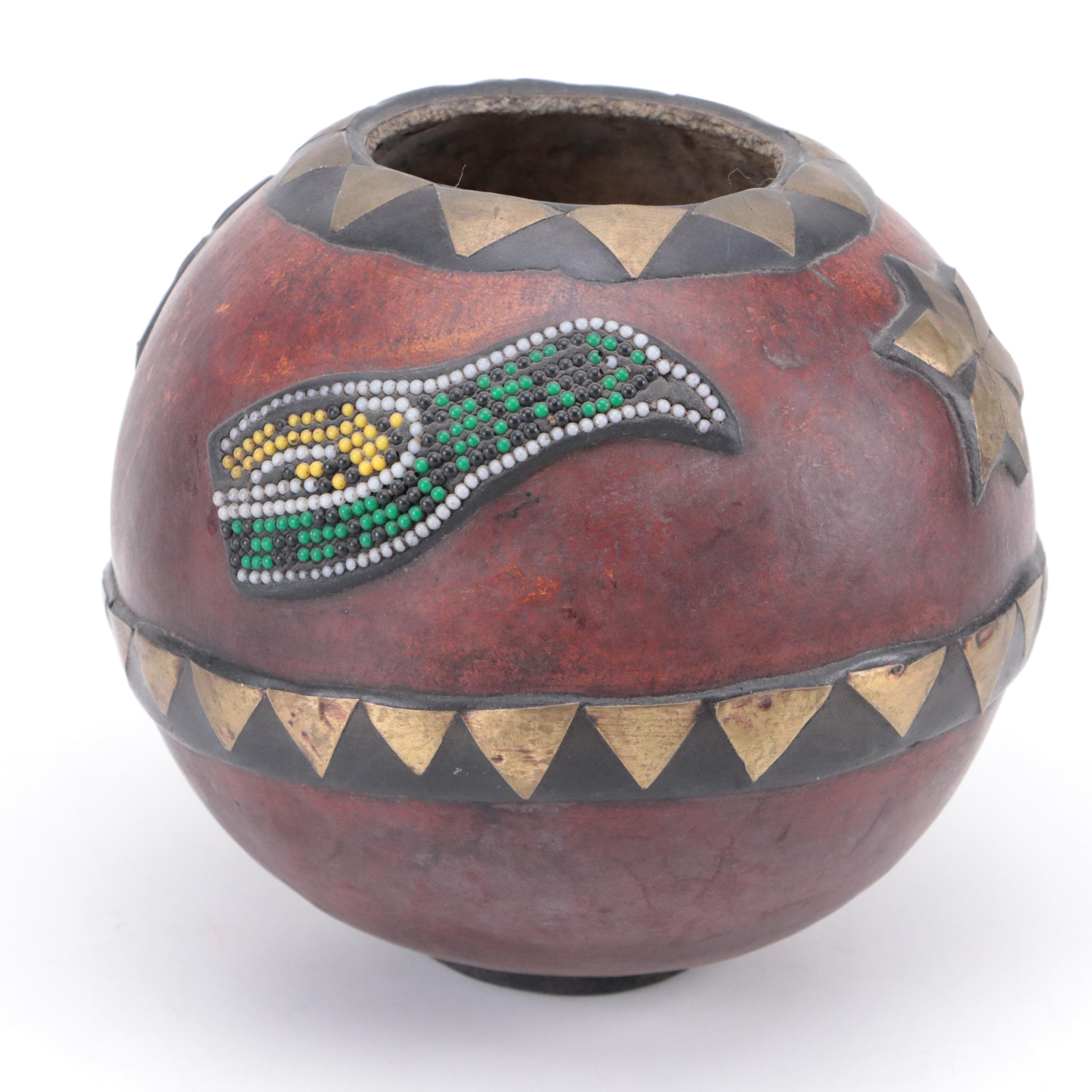 West African Djembe Drum & Ashanti Beaded Gourd With Calabash Bird Mask