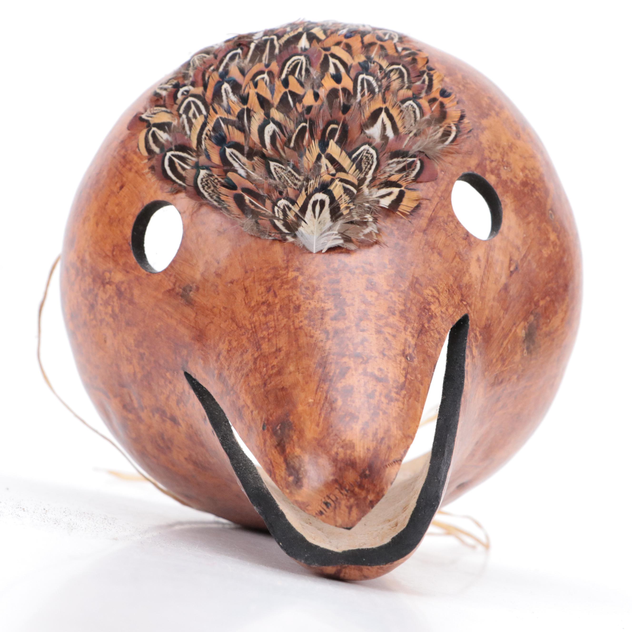 West African Djembe Drum & Ashanti Beaded Gourd With Calabash Bird Mask