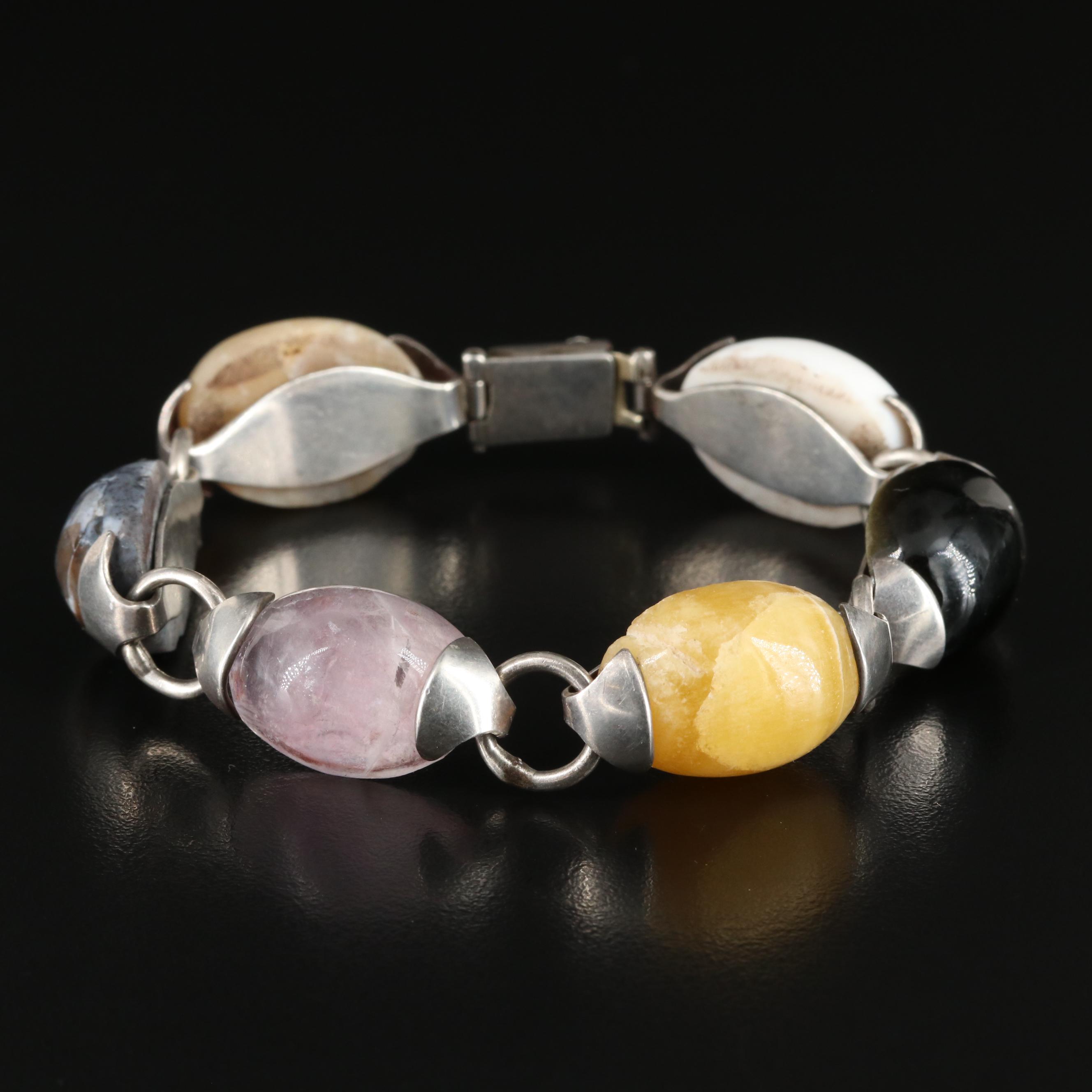 Sterling Rose Quartz, Calcite and Sheen Obsidian Bracelet