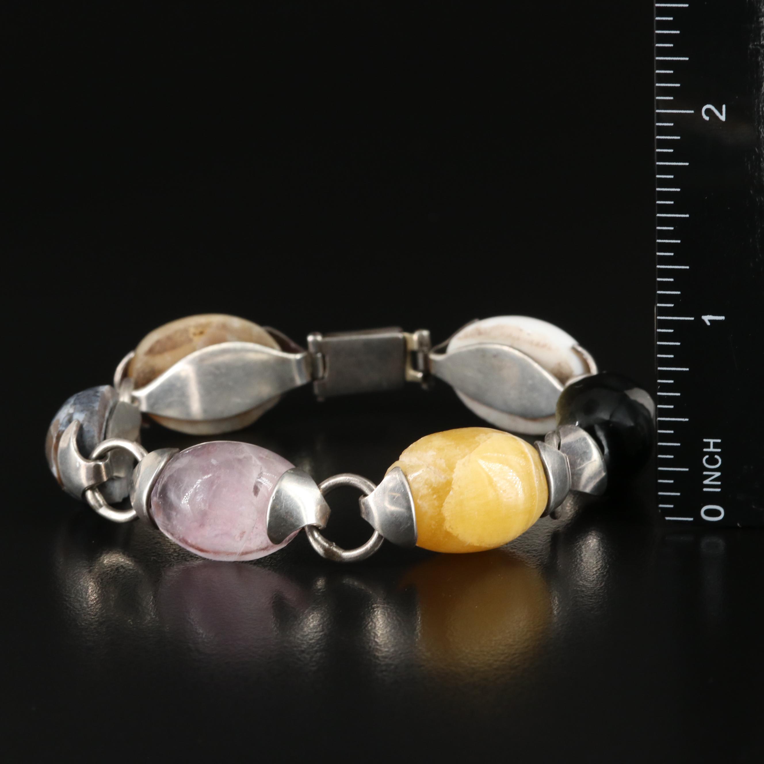Sterling Rose Quartz, Calcite and Sheen Obsidian Bracelet