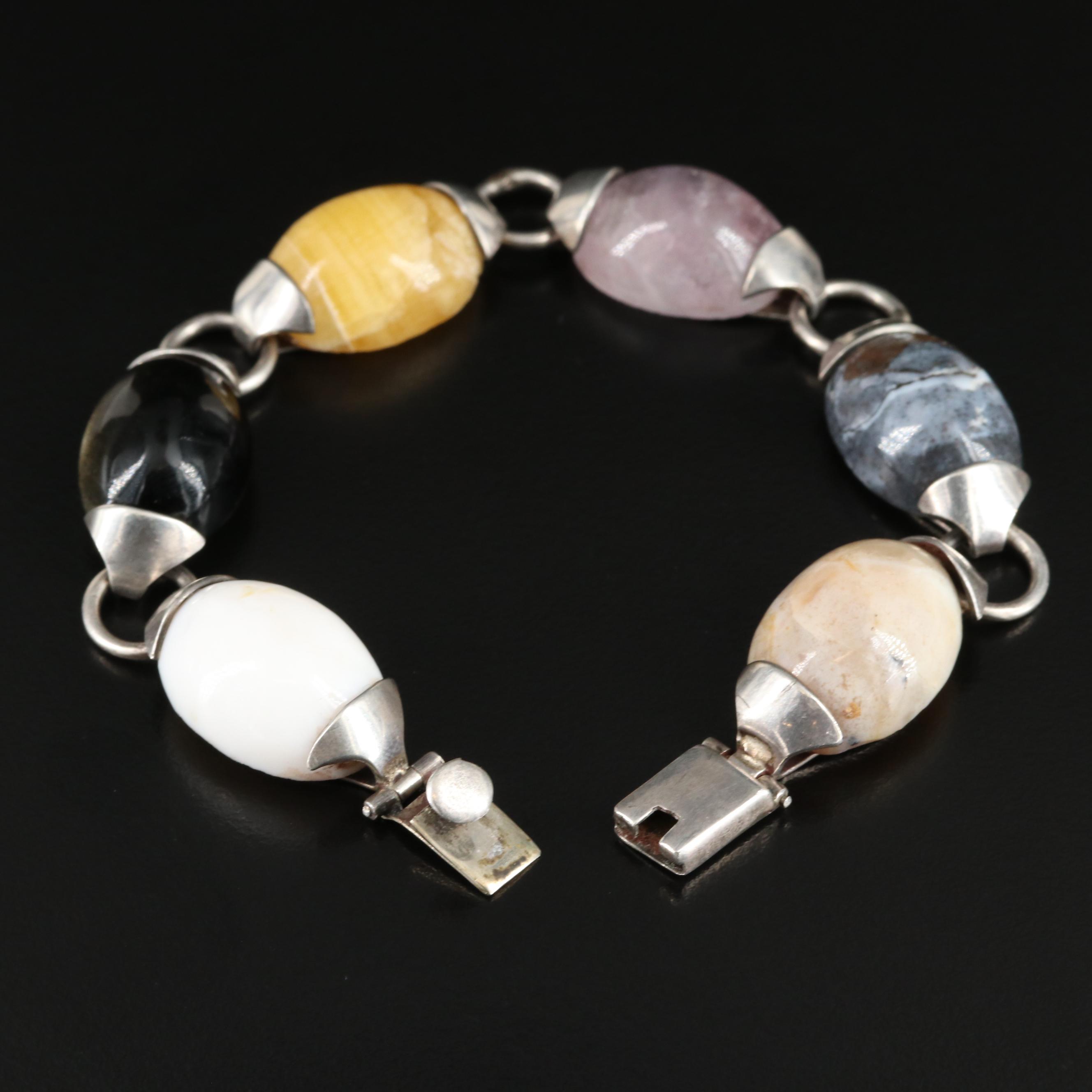Sterling Rose Quartz, Calcite and Sheen Obsidian Bracelet