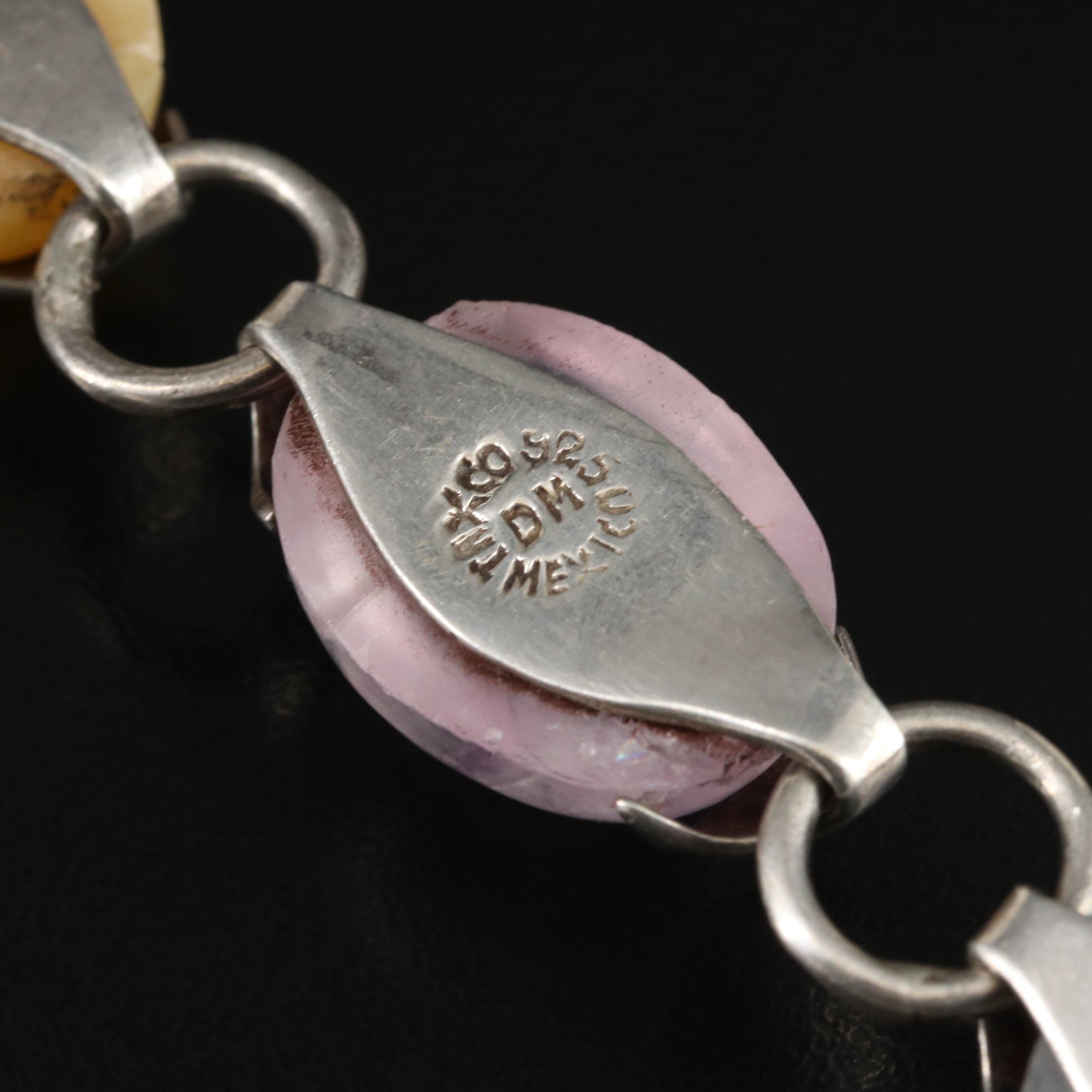 Sterling Rose Quartz, Calcite and Sheen Obsidian Bracelet