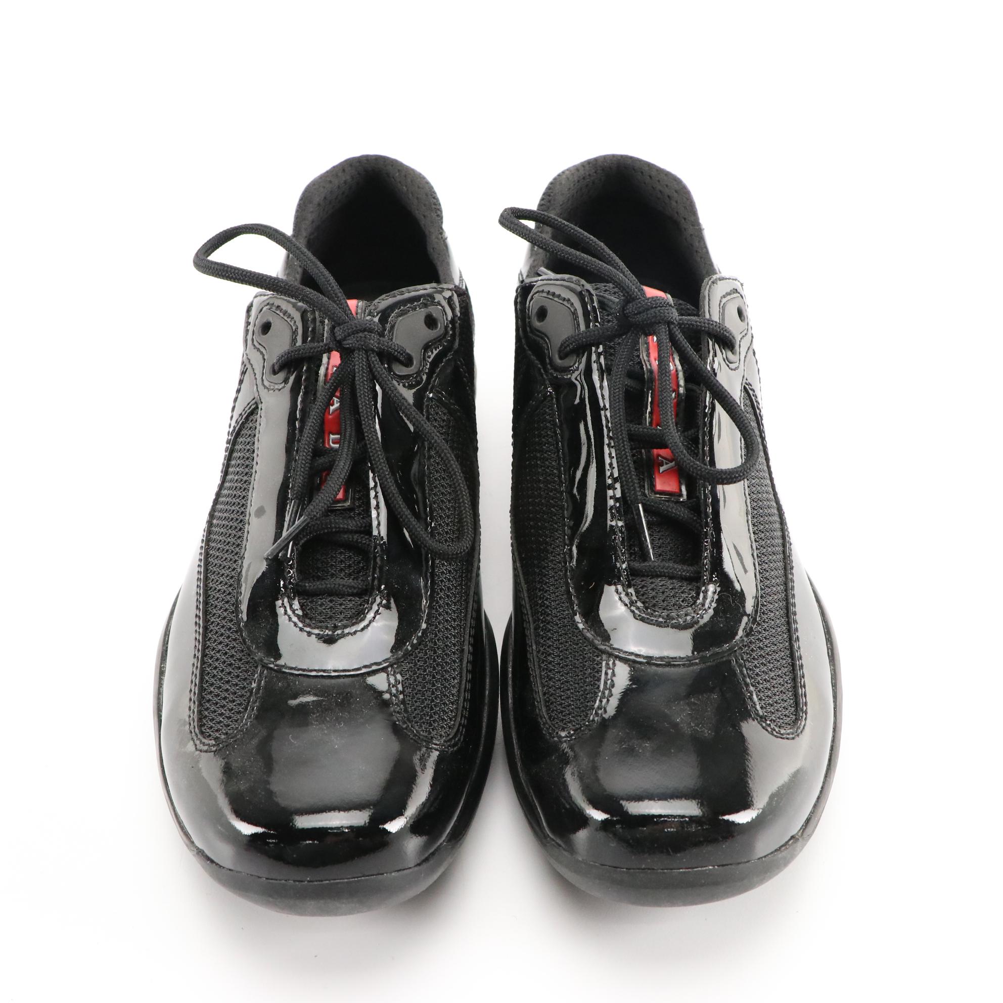 Men's Prada America's Cup Black Patent Leather Sneakers in Box