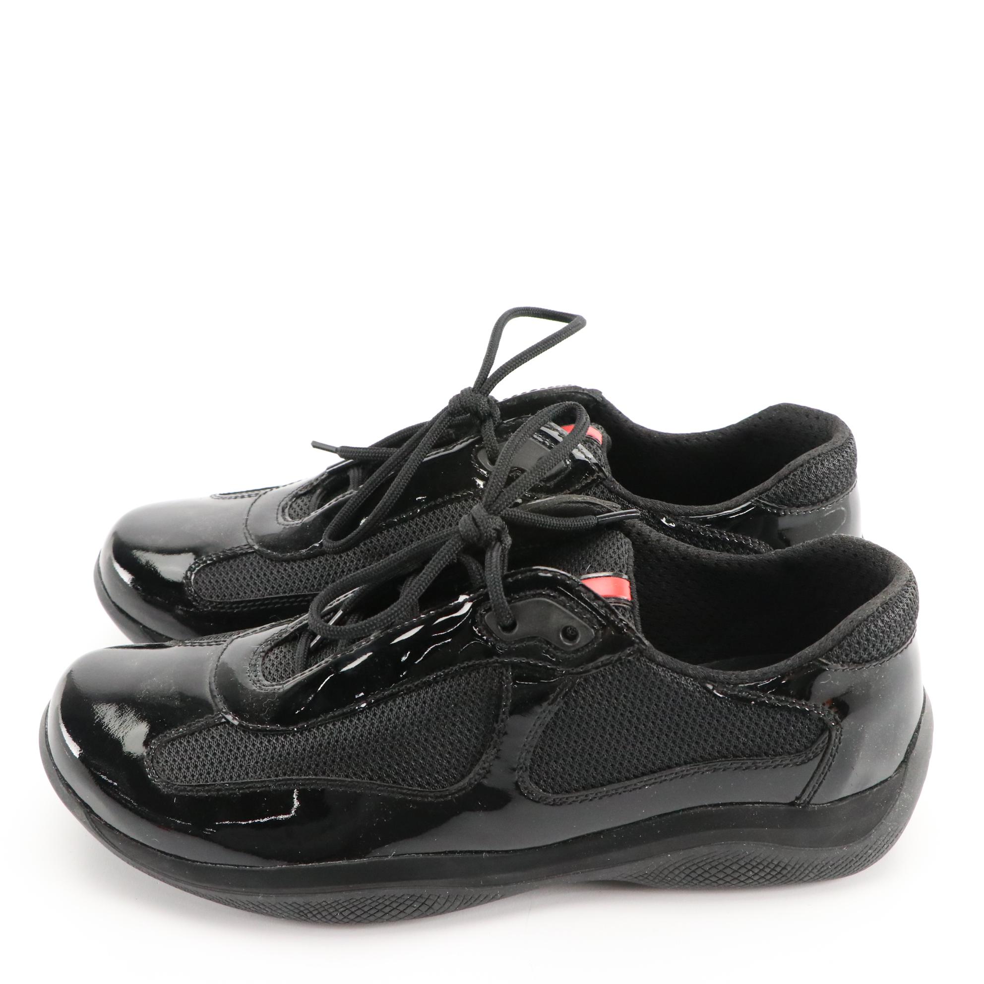 Men's Prada America's Cup Black Patent Leather Sneakers in Box