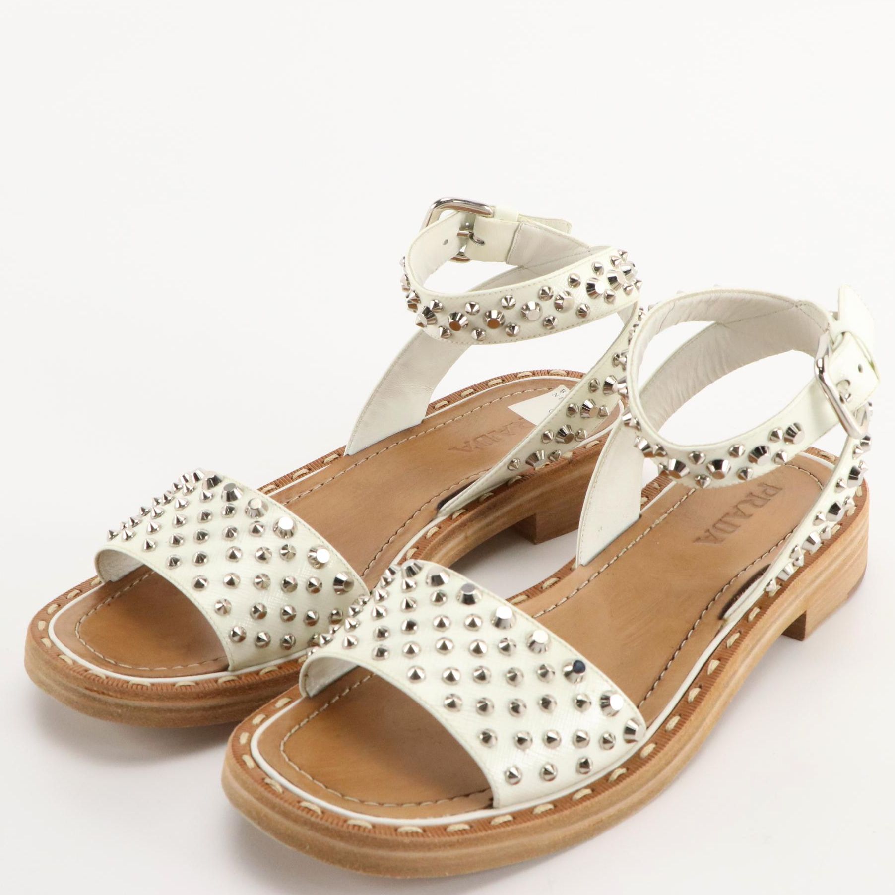 Prada Studded White Intrecciato Leather Sandals in Box