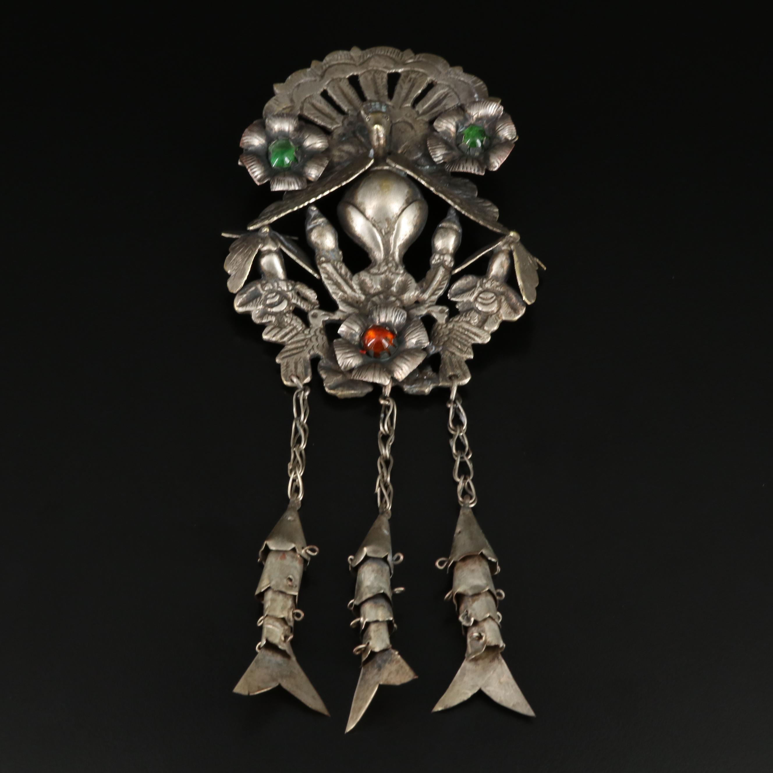 Vintage Peruvian Tupu Peacock with Glass Cabochon Accents