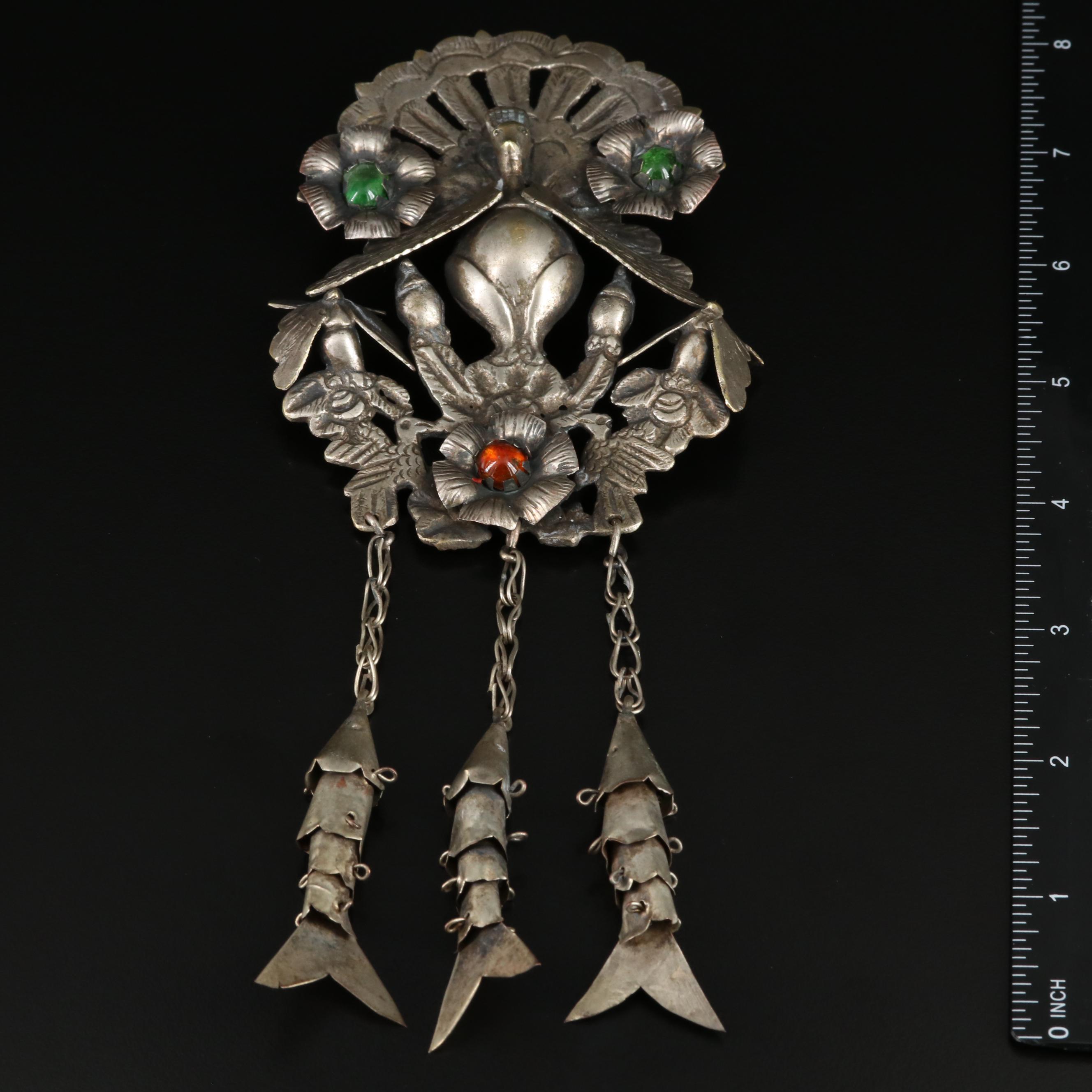 Vintage Peruvian Tupu Peacock with Glass Cabochon Accents