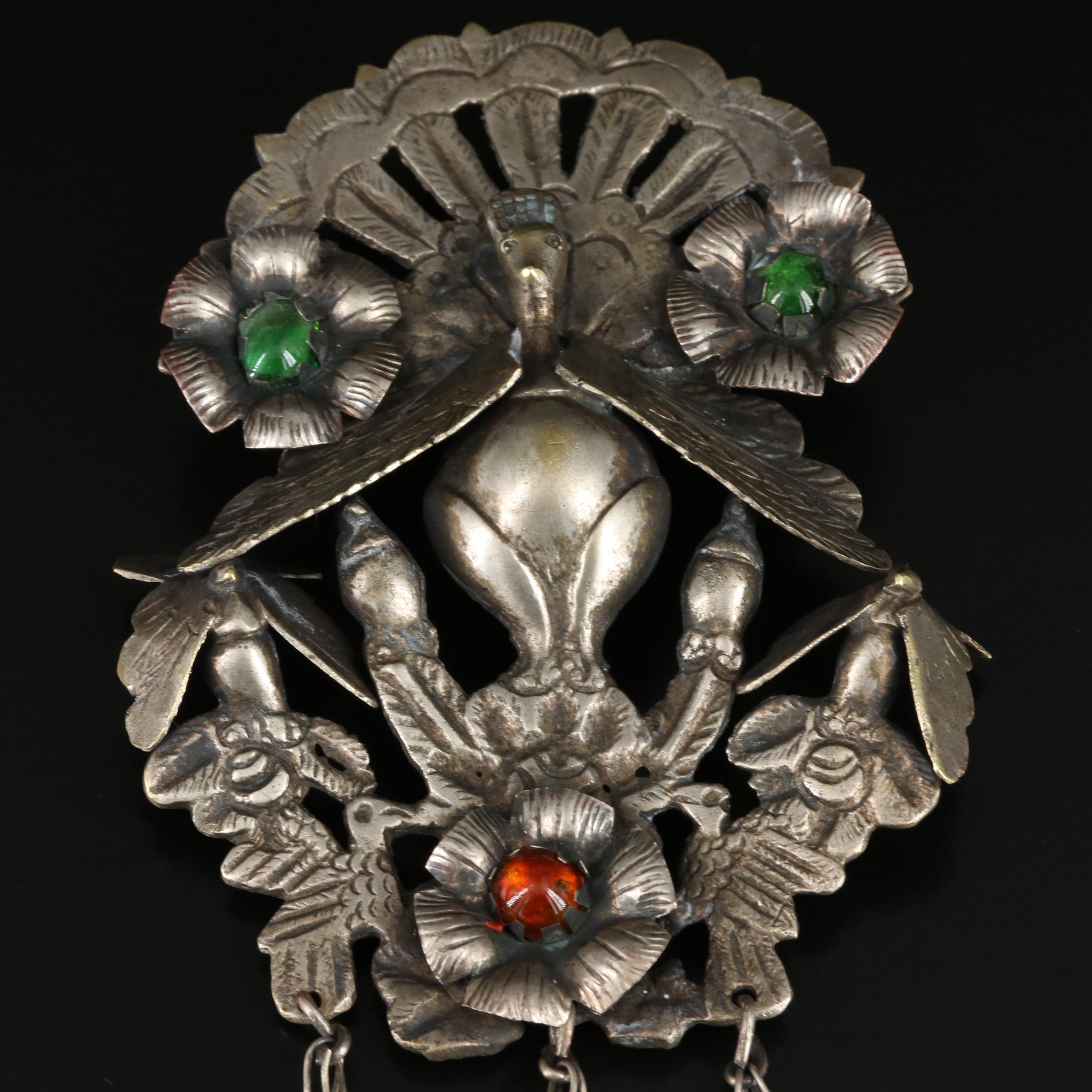 Vintage Peruvian Tupu Peacock with Glass Cabochon Accents