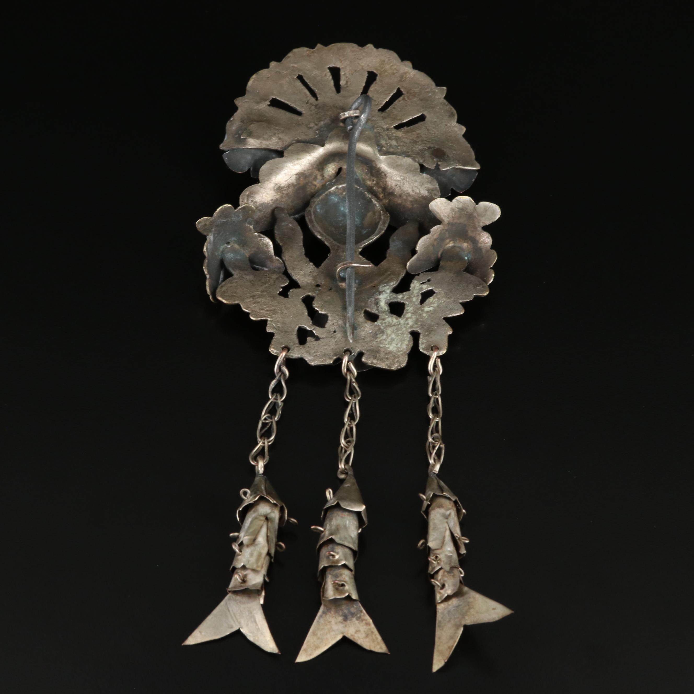 Vintage Peruvian Tupu Peacock with Glass Cabochon Accents