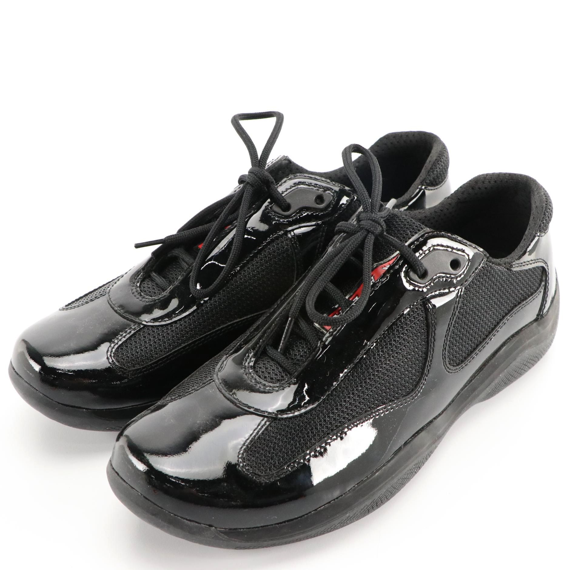 Men's Prada America's Cup Black Patent Leather Sneakers in Box