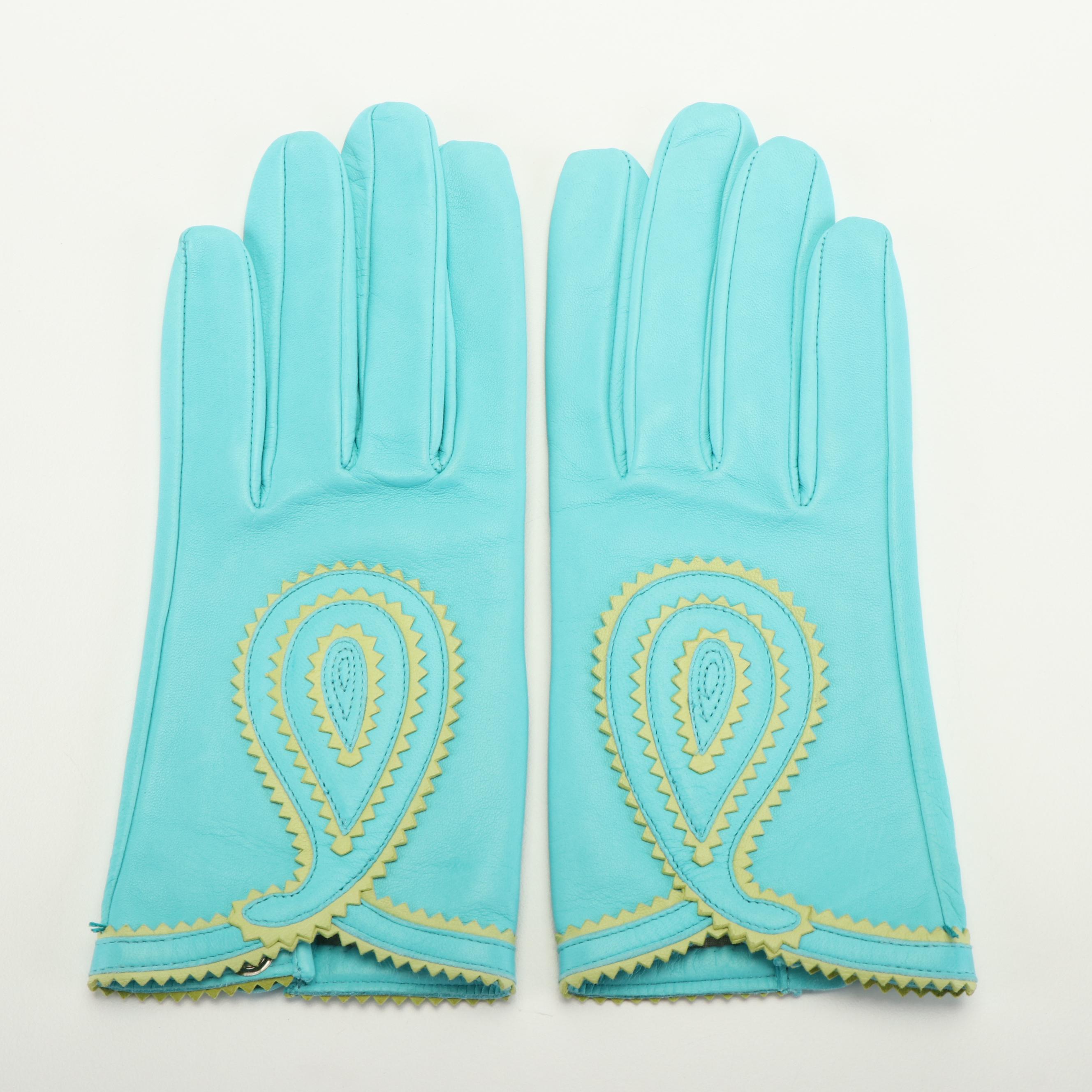 Hermès Turquoise Leather Gloves with Yellow Paisley Design