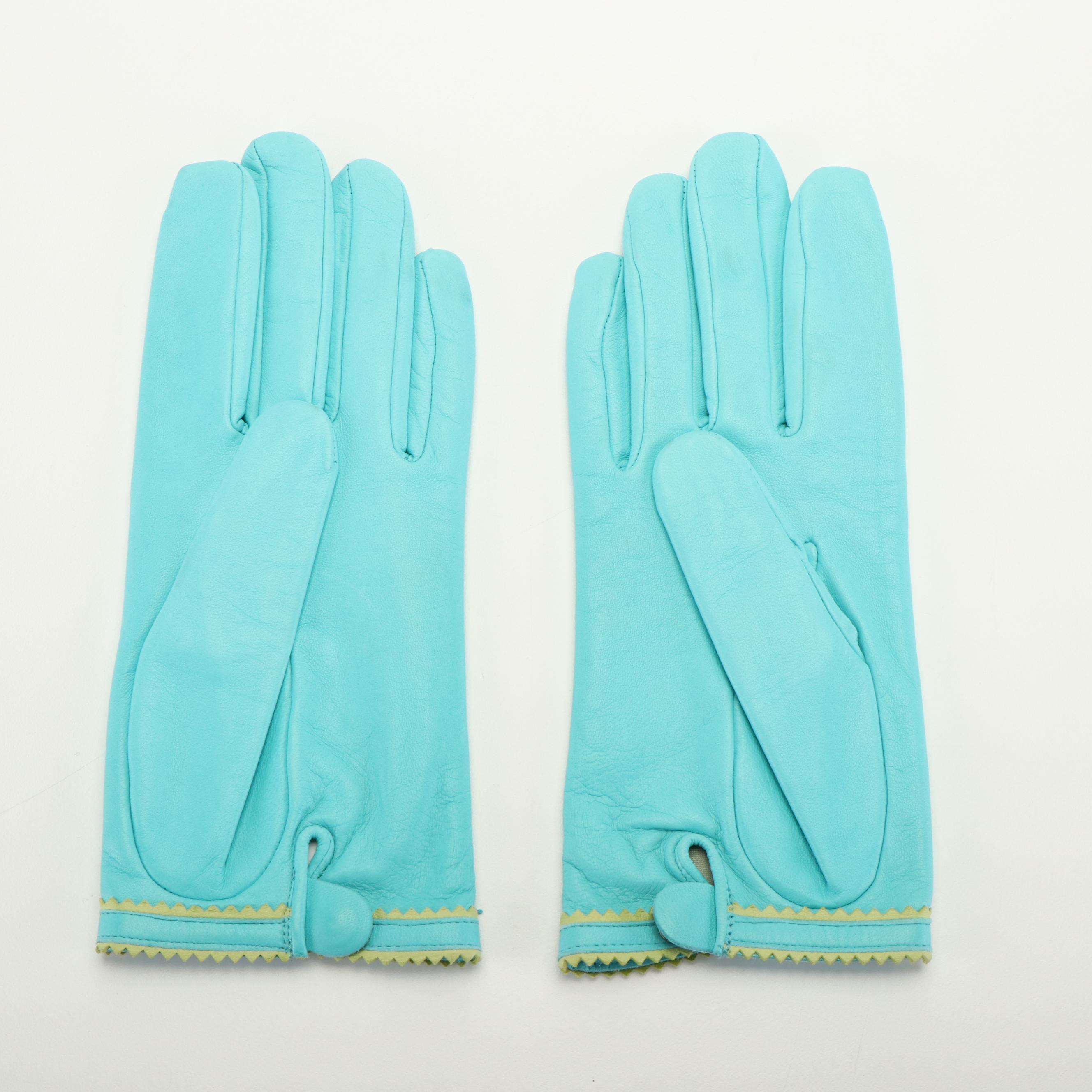 Hermès Turquoise Leather Gloves with Yellow Paisley Design