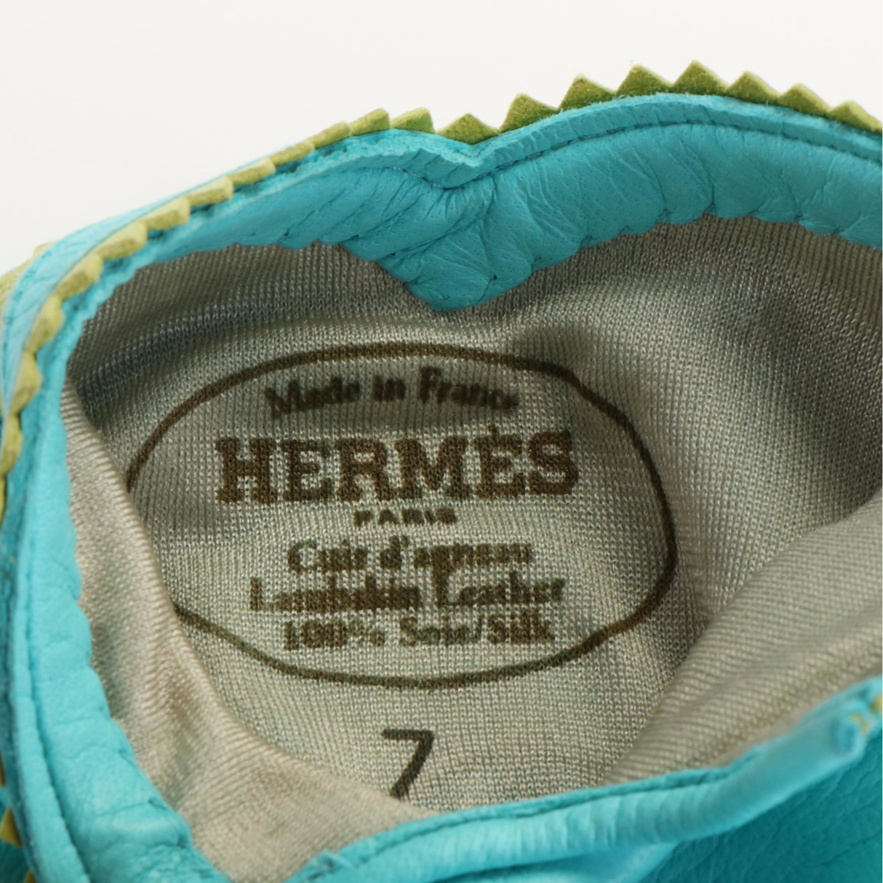 Hermès Turquoise Leather Gloves with Yellow Paisley Design
