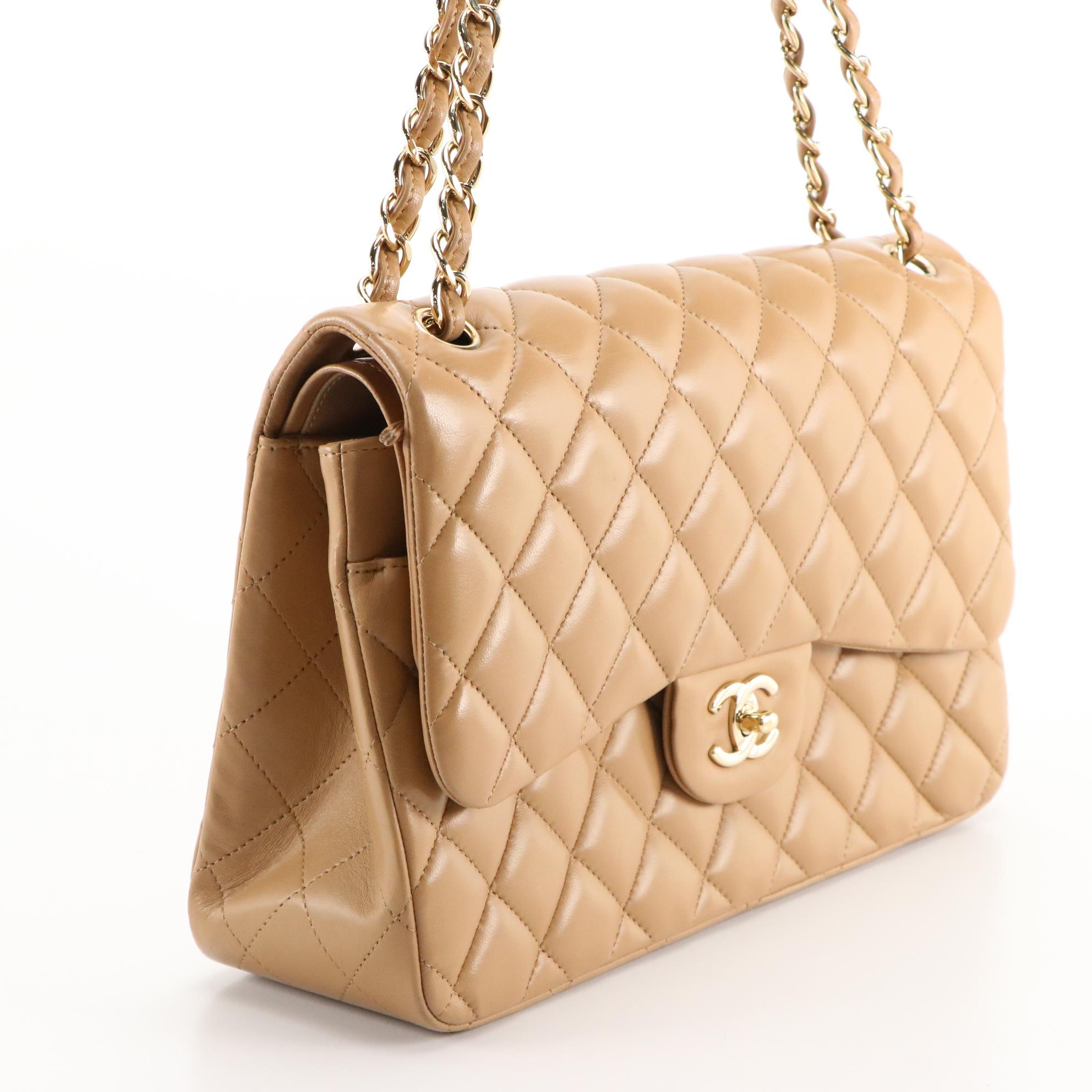 Chanel Classic Double Flap Bag in Beige Quilted Lambskin Leather