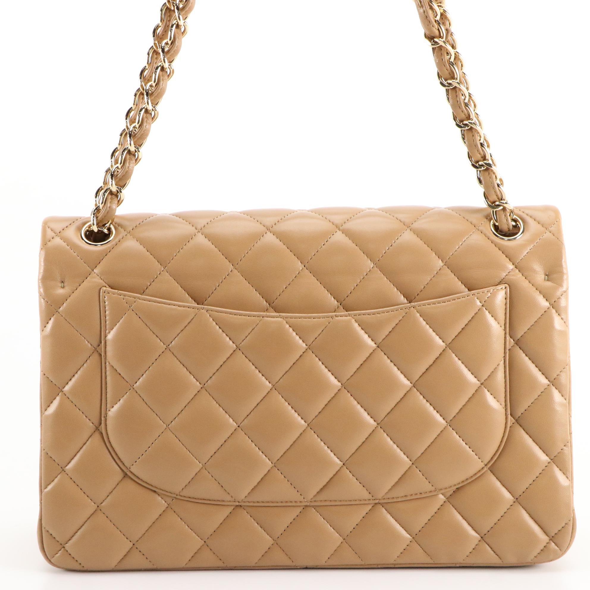 Chanel Classic Double Flap Bag in Beige Quilted Lambskin Leather