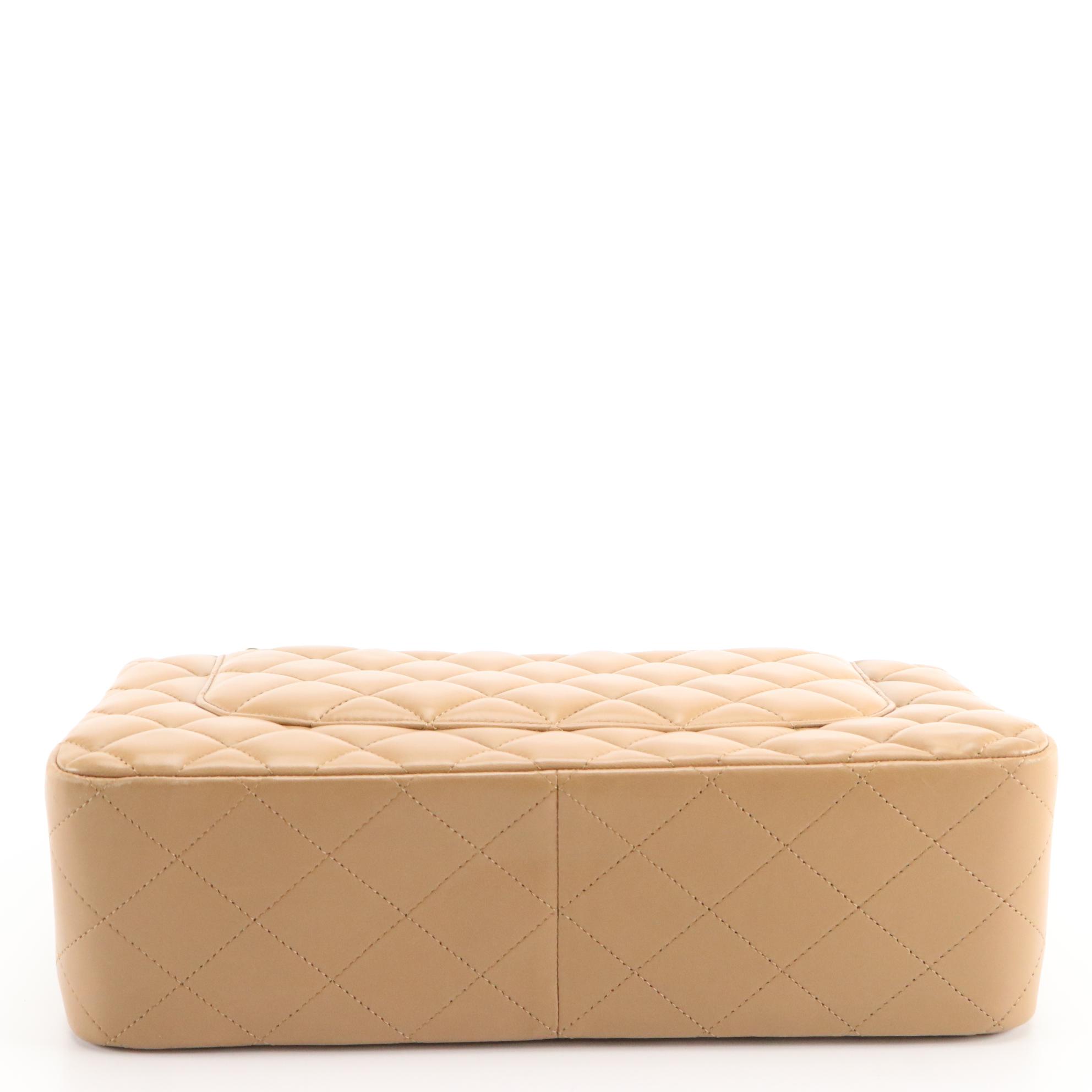 Chanel Classic Double Flap Bag in Beige Quilted Lambskin Leather