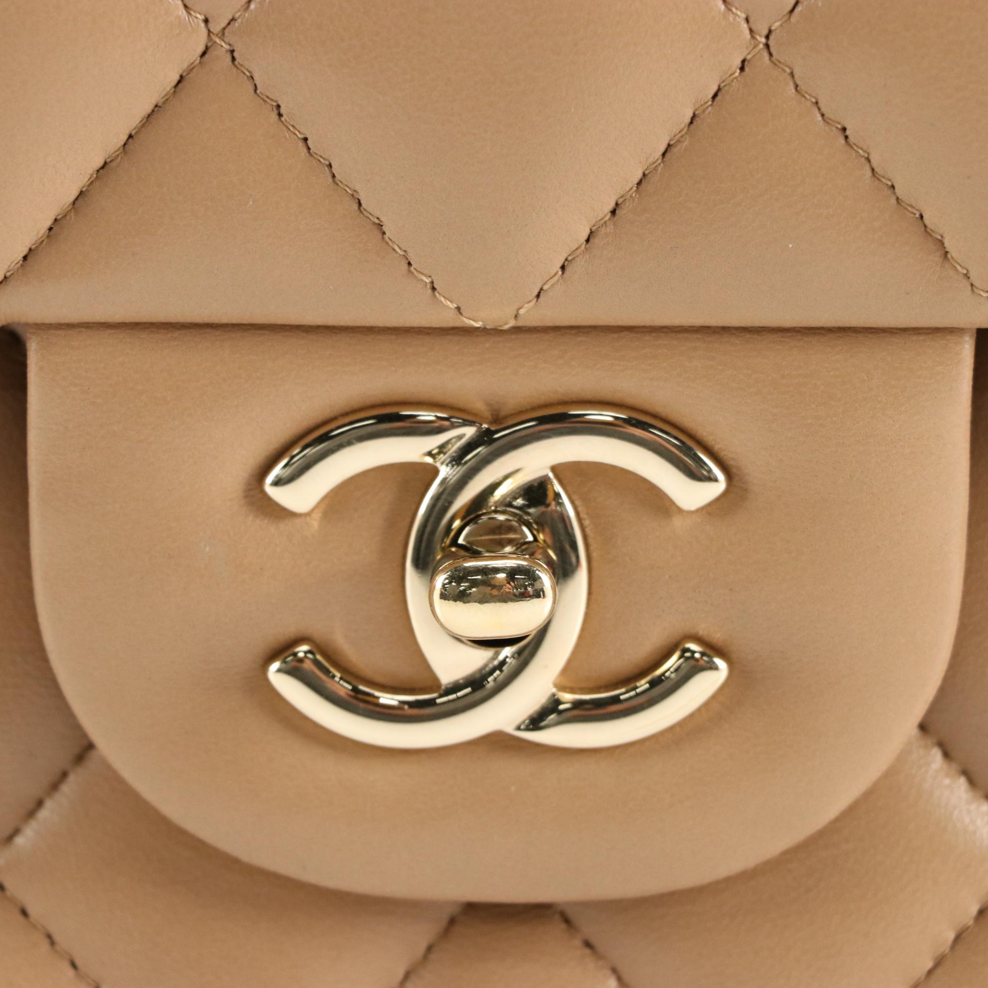 Chanel Classic Double Flap Bag in Beige Quilted Lambskin Leather
