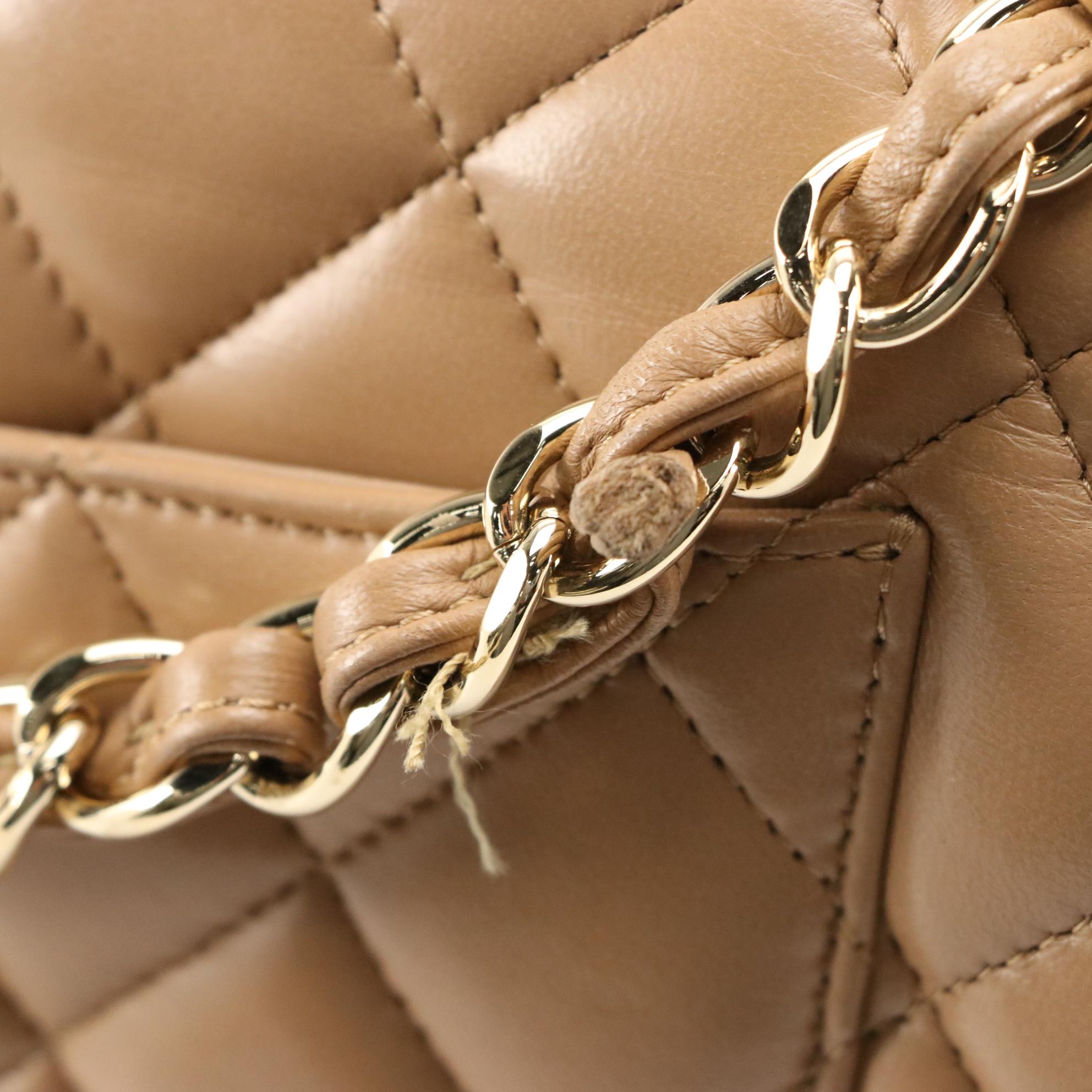 Chanel Classic Double Flap Bag in Beige Quilted Lambskin Leather
