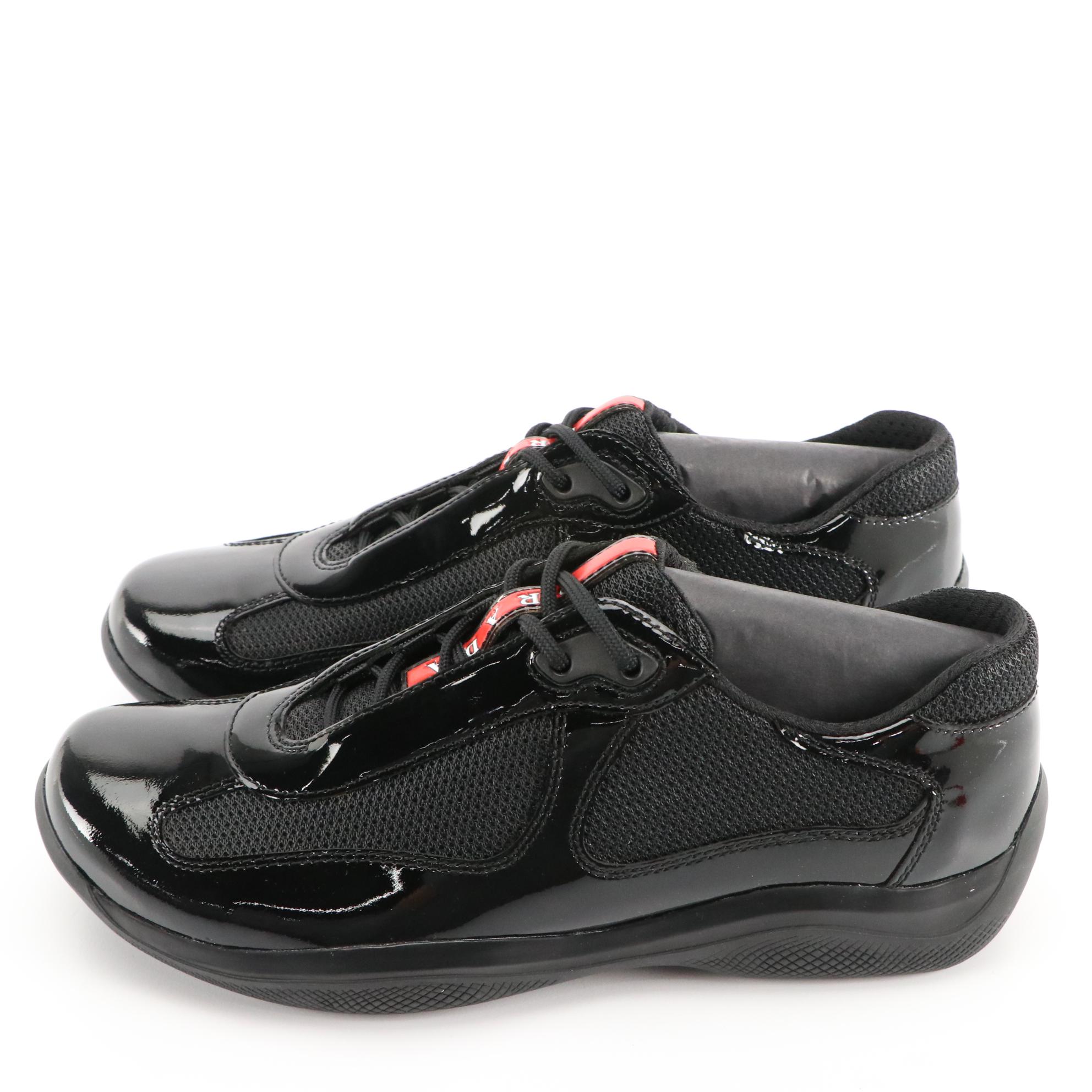 Men's Prada America's Cup Black Patent Leather Sneakers in Box