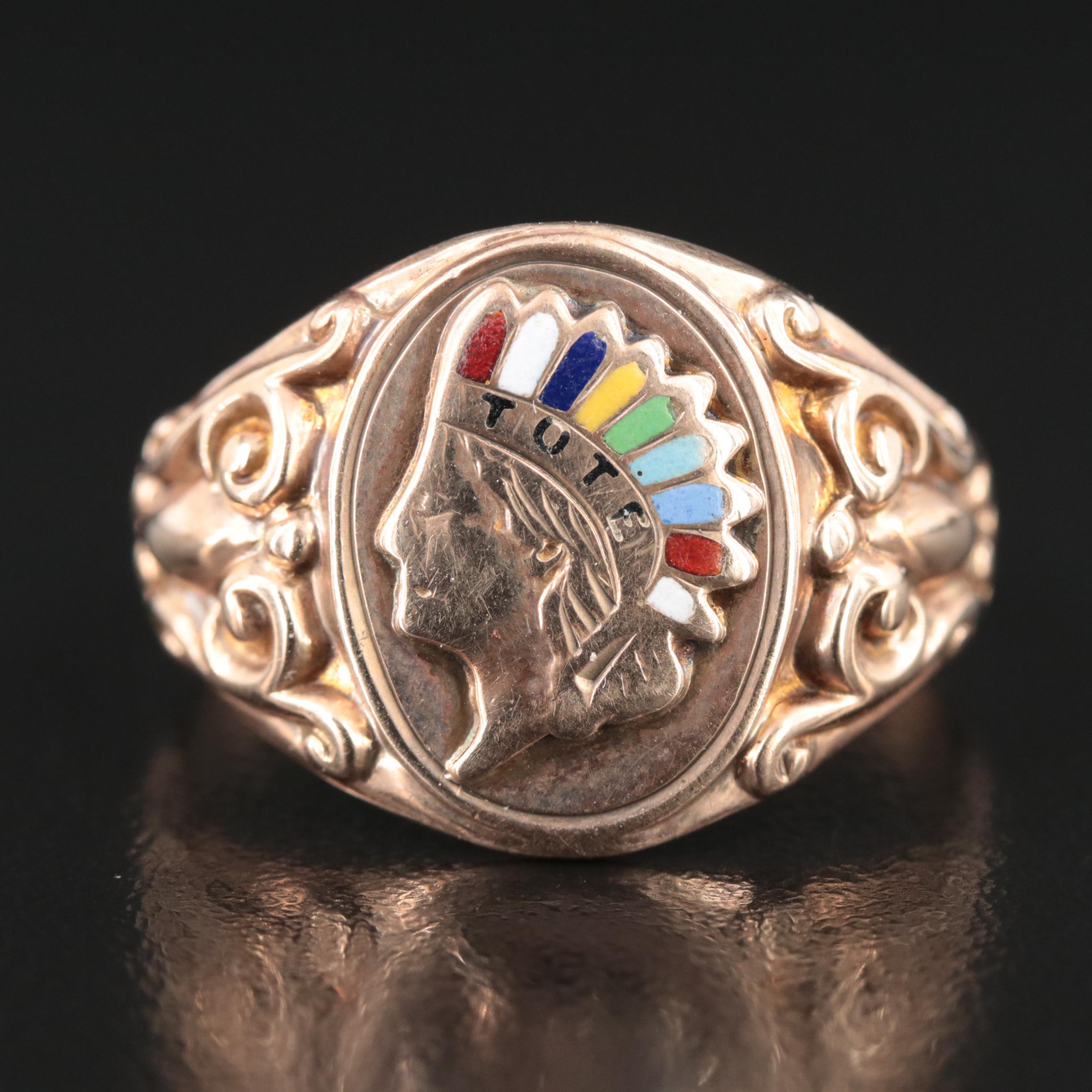 Vintage 9K Enamel Indian Head Ring