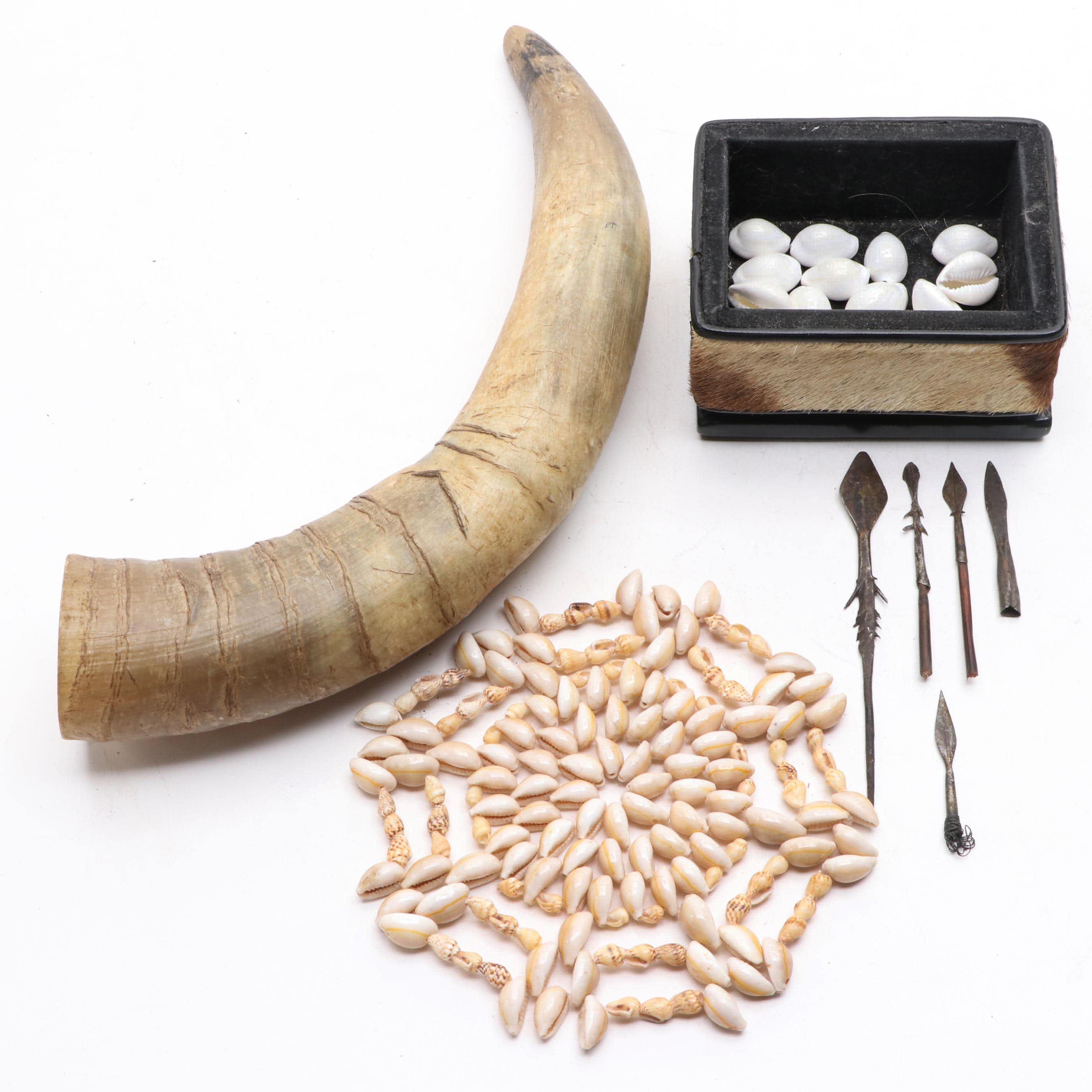 West African Cowrie Shell Doily, Carved Cow Horn, Arrow Tips, Zebra Hide Box