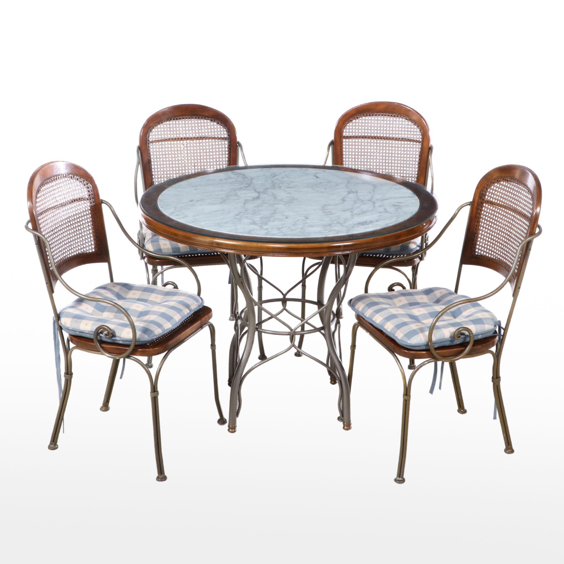 Five-Piece Drexel Hardwood, Iron, and Marble Top Dining Set, Late 20th Century