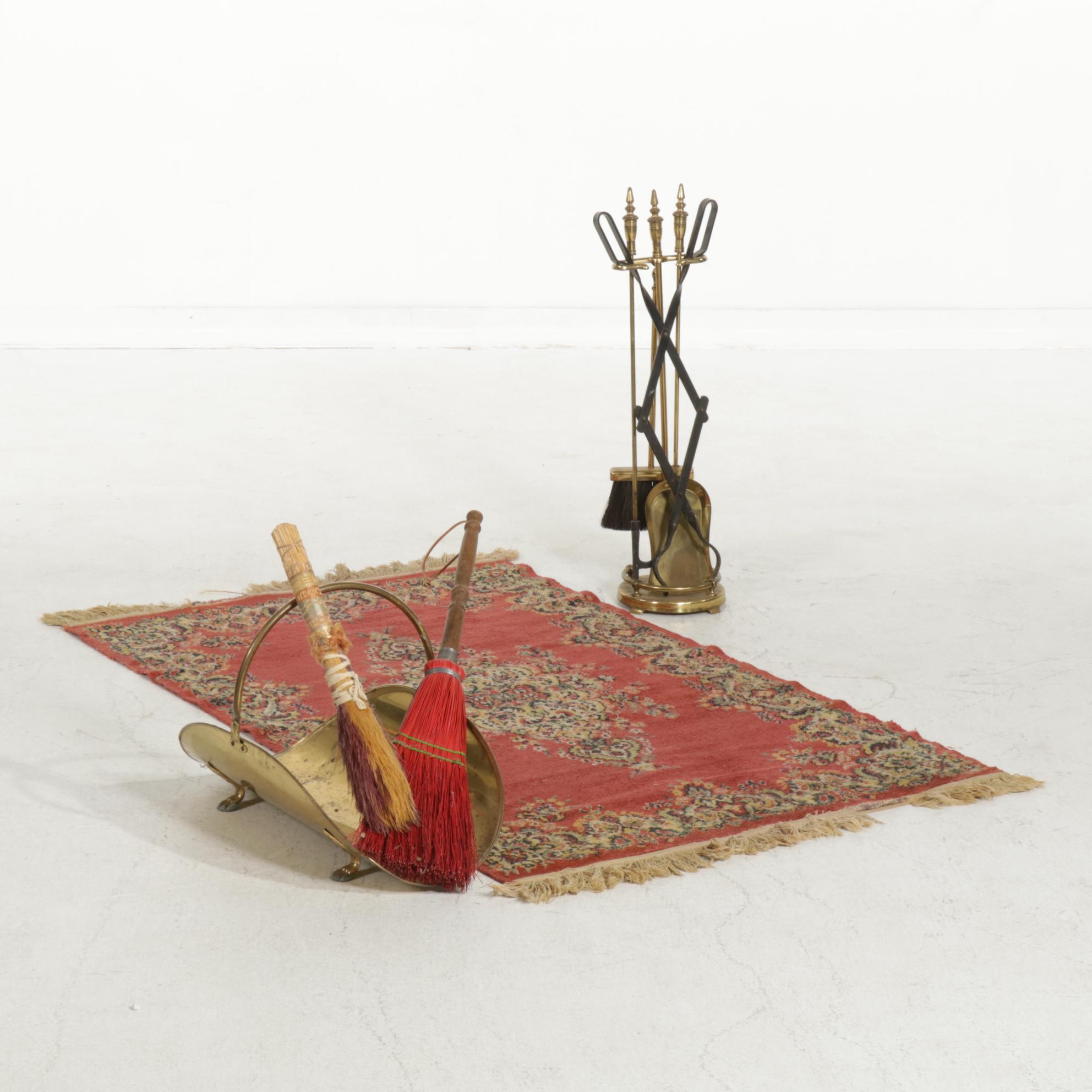 Three-Piece Brass Fireplace Set With Added Log Tongs, Brushes and Hearth Caddy