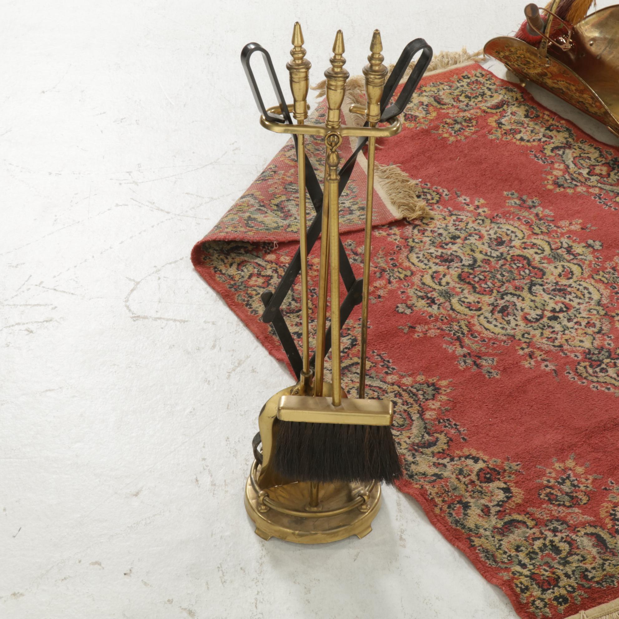 Three-Piece Brass Fireplace Set With Added Log Tongs, Brushes and Hearth Caddy