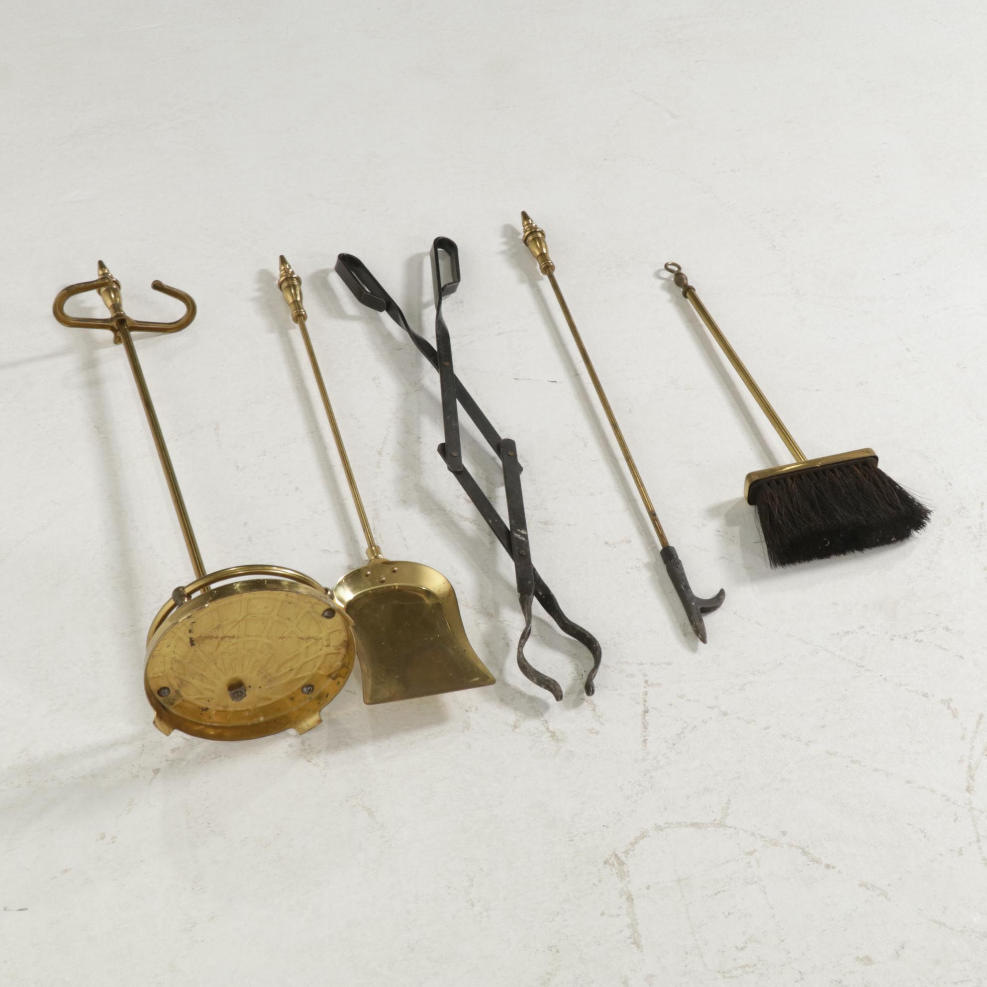 Three-Piece Brass Fireplace Set With Added Log Tongs, Brushes and Hearth Caddy