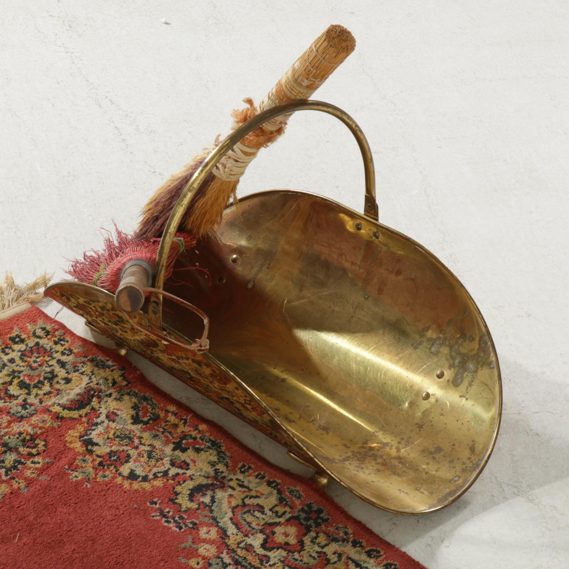 Three-Piece Brass Fireplace Set With Added Log Tongs, Brushes and Hearth Caddy