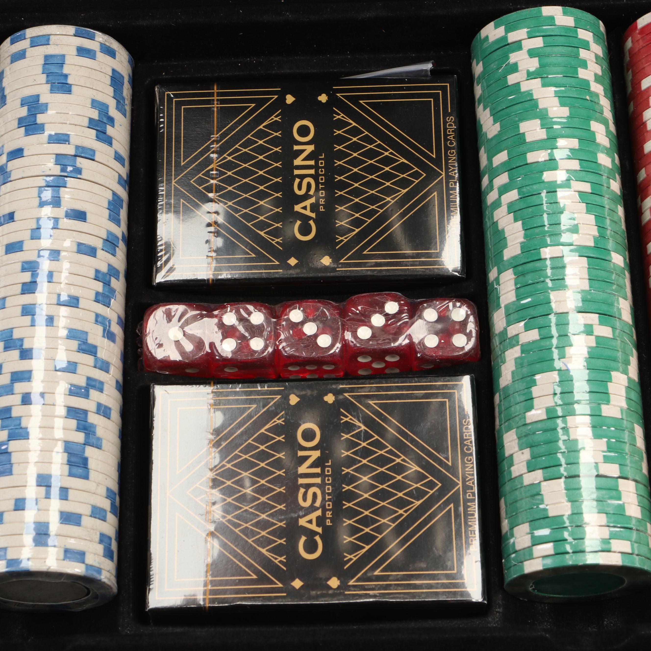 Casino Protocol Poker Chip Set with Playing Cards and Dice in Carry Case