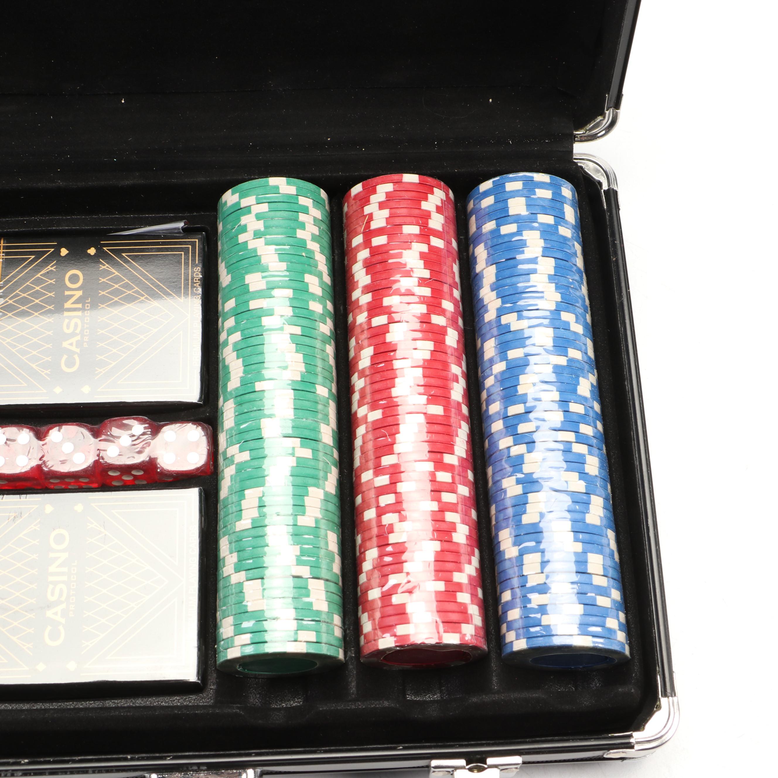 Casino Protocol Poker Chip Set with Playing Cards and Dice in Carry Case