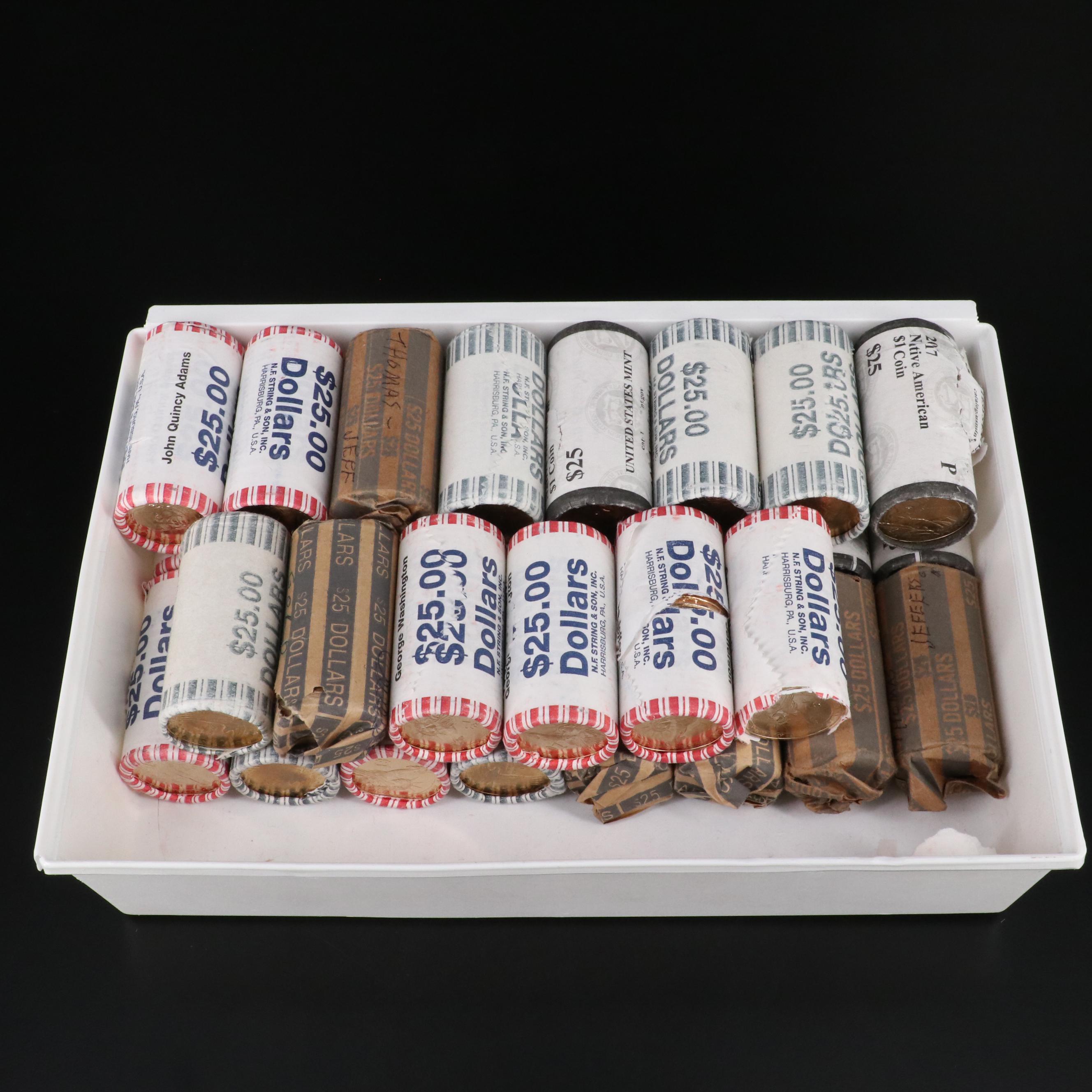 Thirty $25 Rolls of Presidential and Sacagawea Dollars
