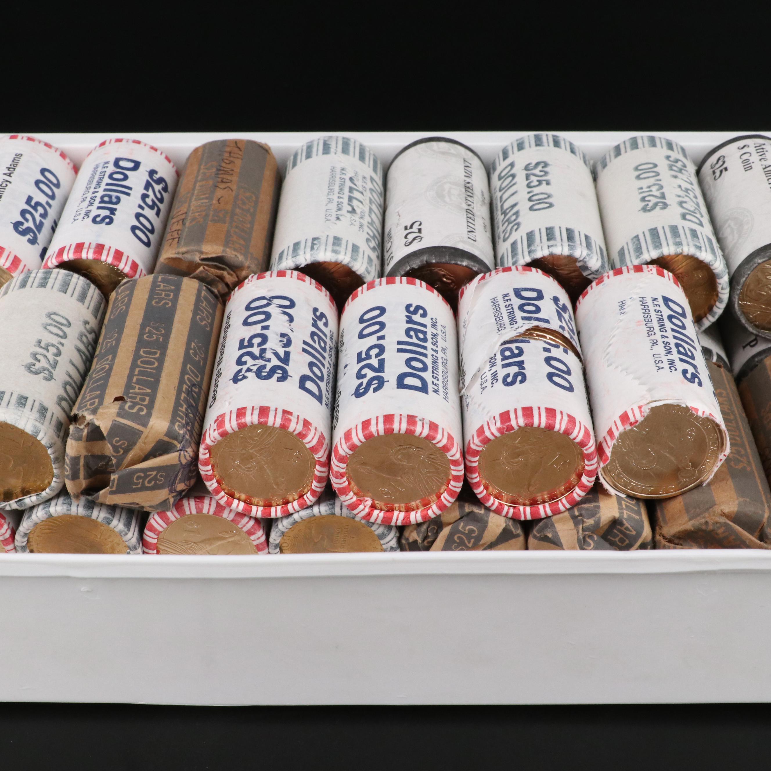 Thirty $25 Rolls of Presidential and Sacagawea Dollars