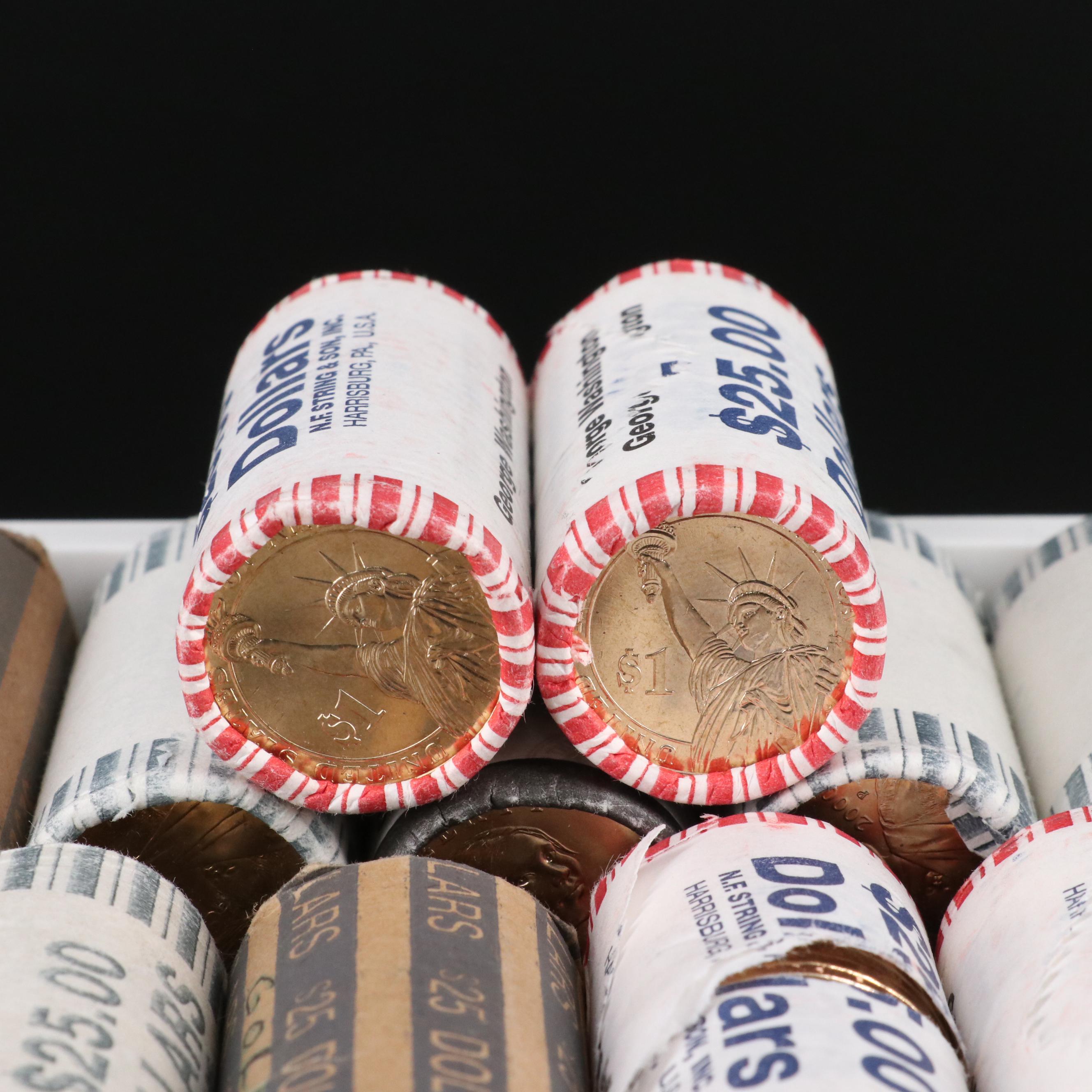 Thirty $25 Rolls of Presidential and Sacagawea Dollars