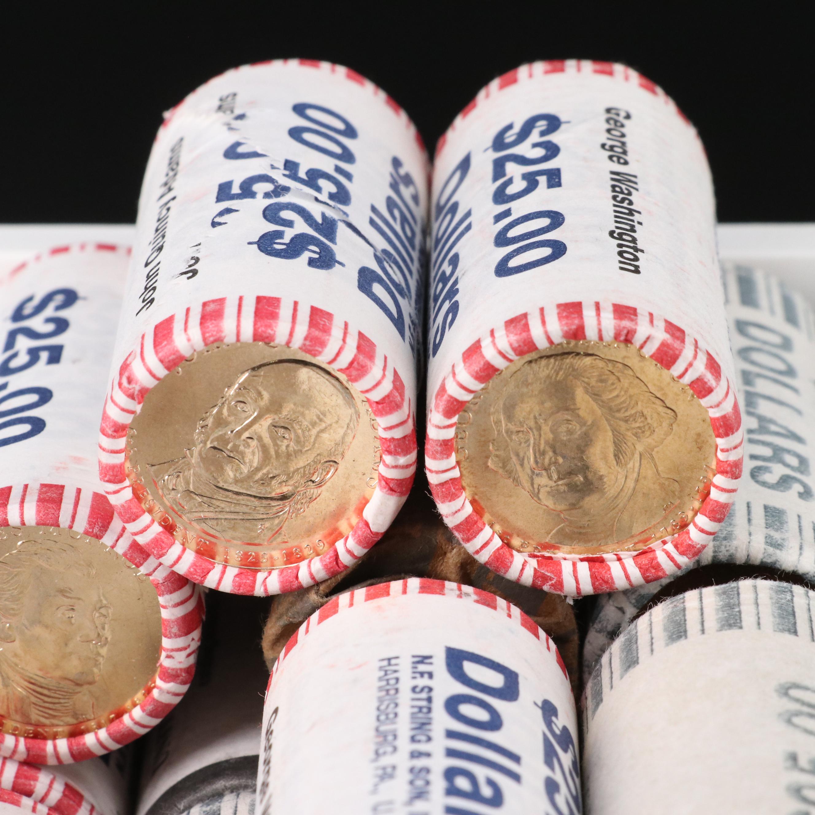 Thirty $25 Rolls of Presidential and Sacagawea Dollars