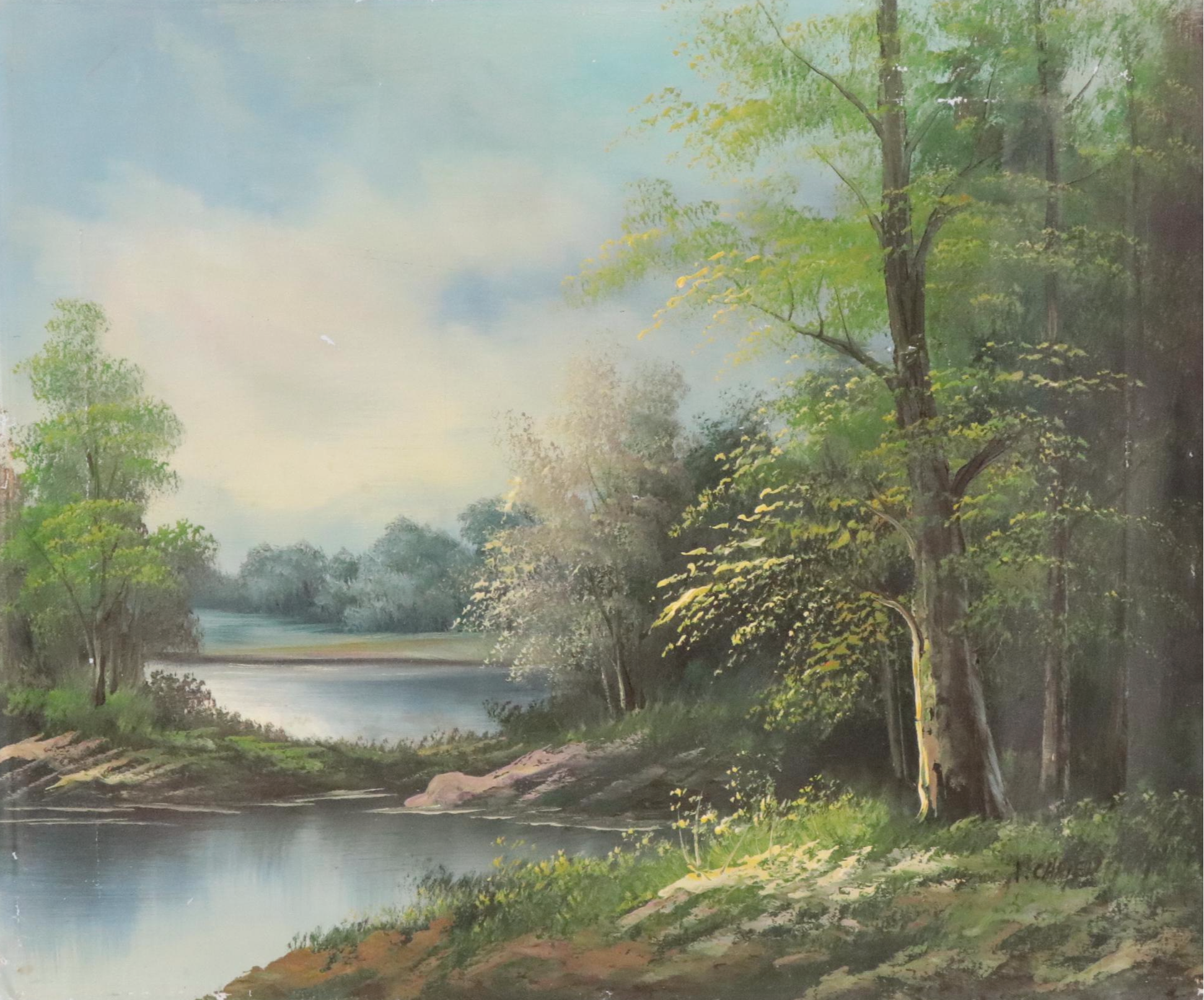 Landscape Oil Painting of Forest and Lake, Circa 1990