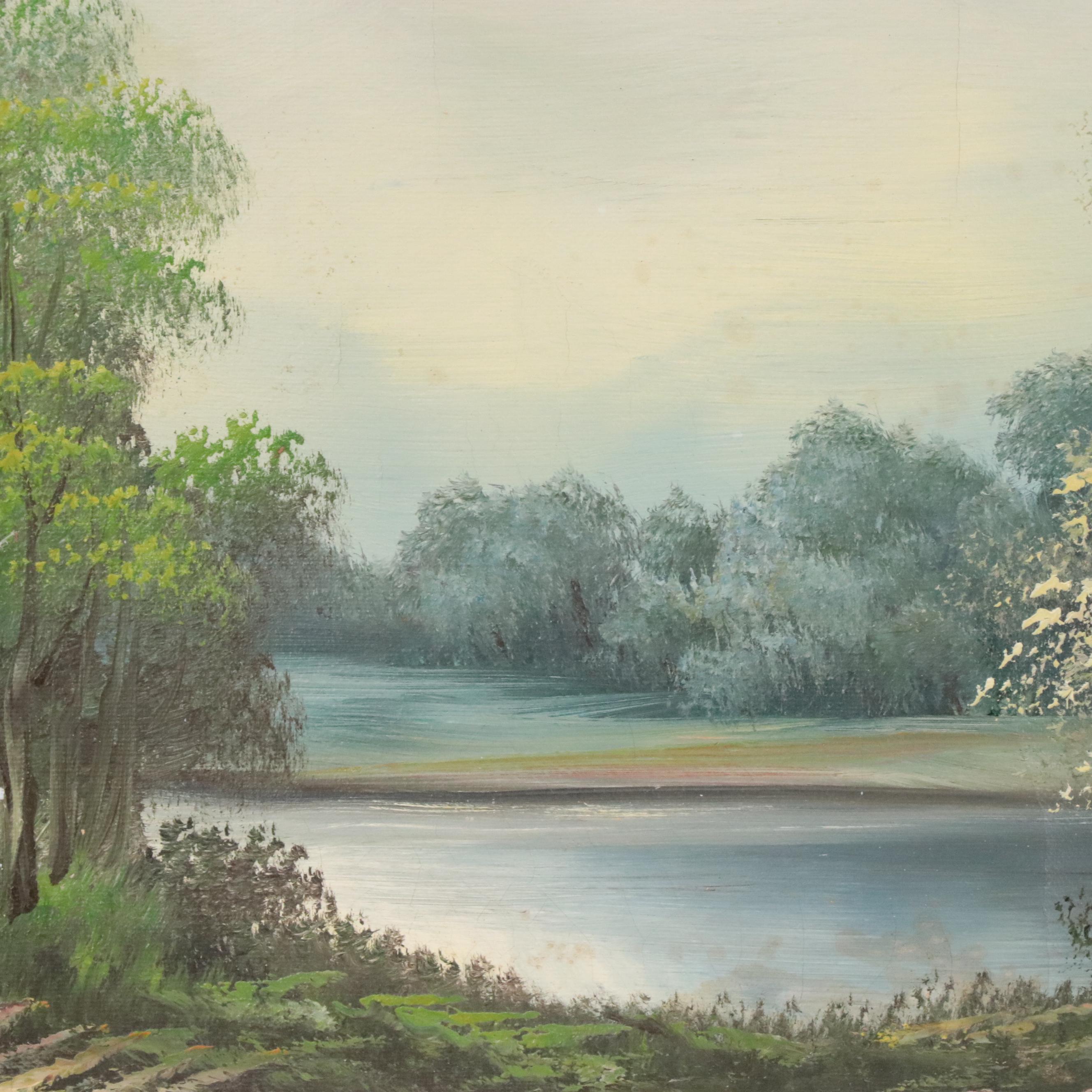 Landscape Oil Painting of Forest and Lake, Circa 1990