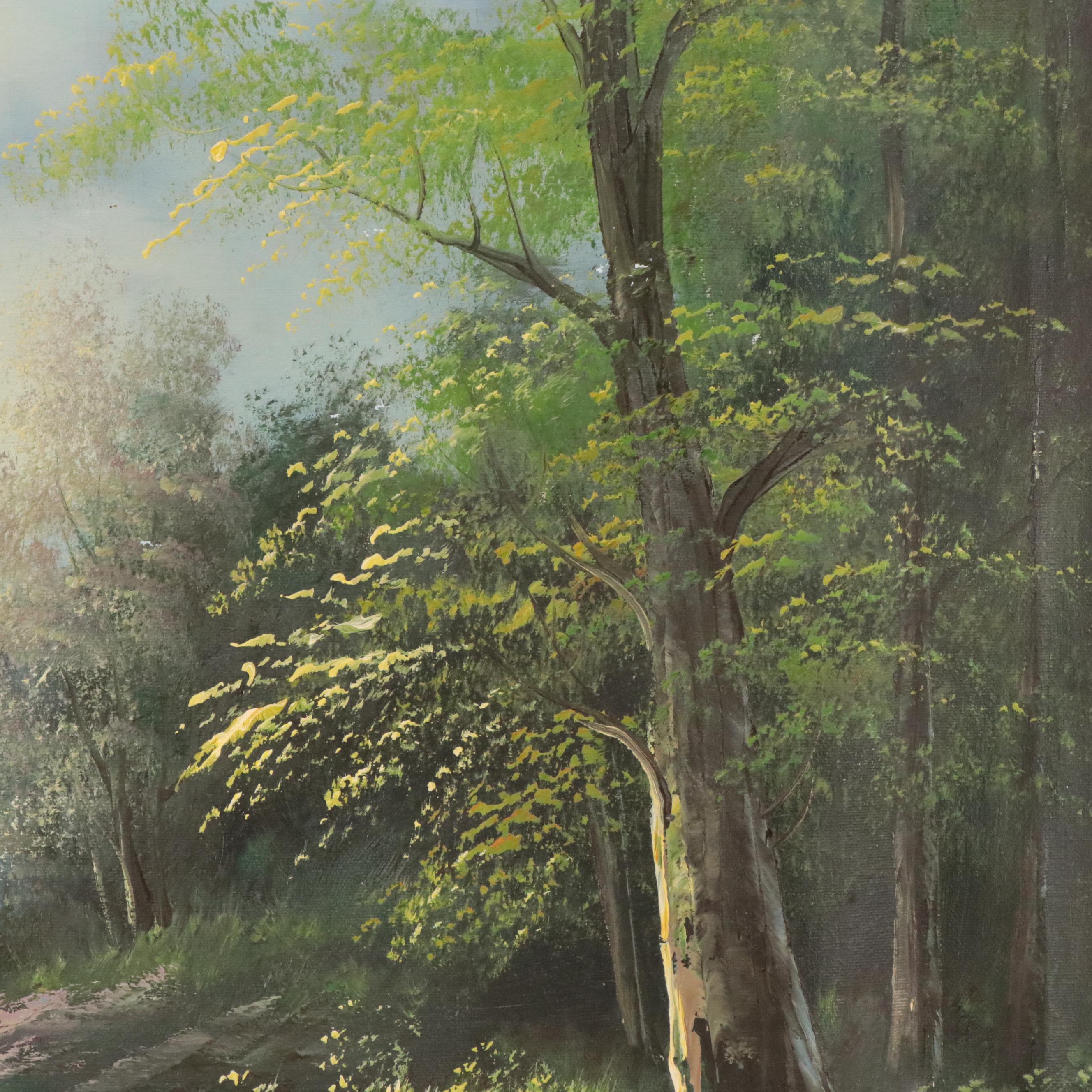 Landscape Oil Painting of Forest and Lake, Circa 1990