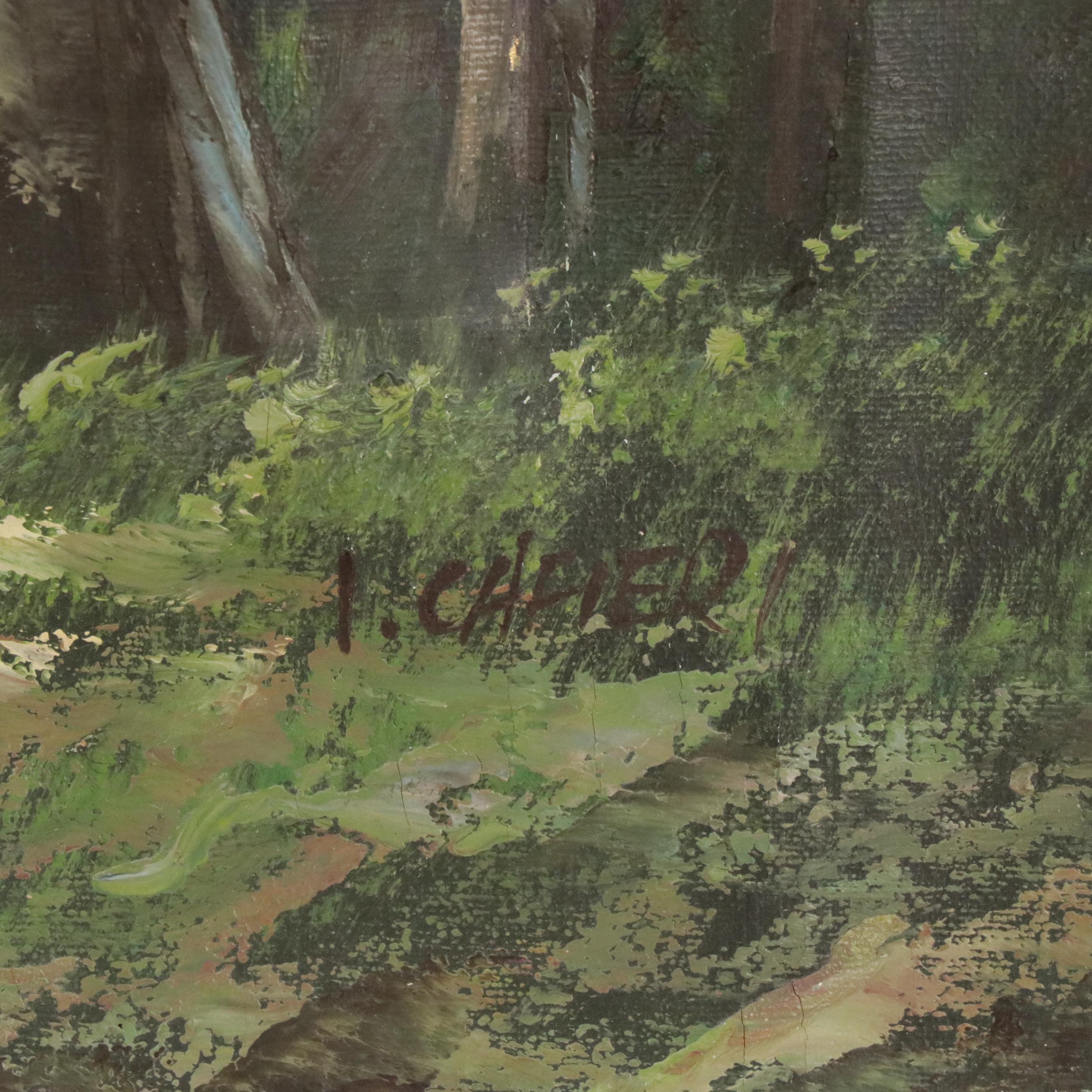 Landscape Oil Painting of Forest and Lake, Circa 1990