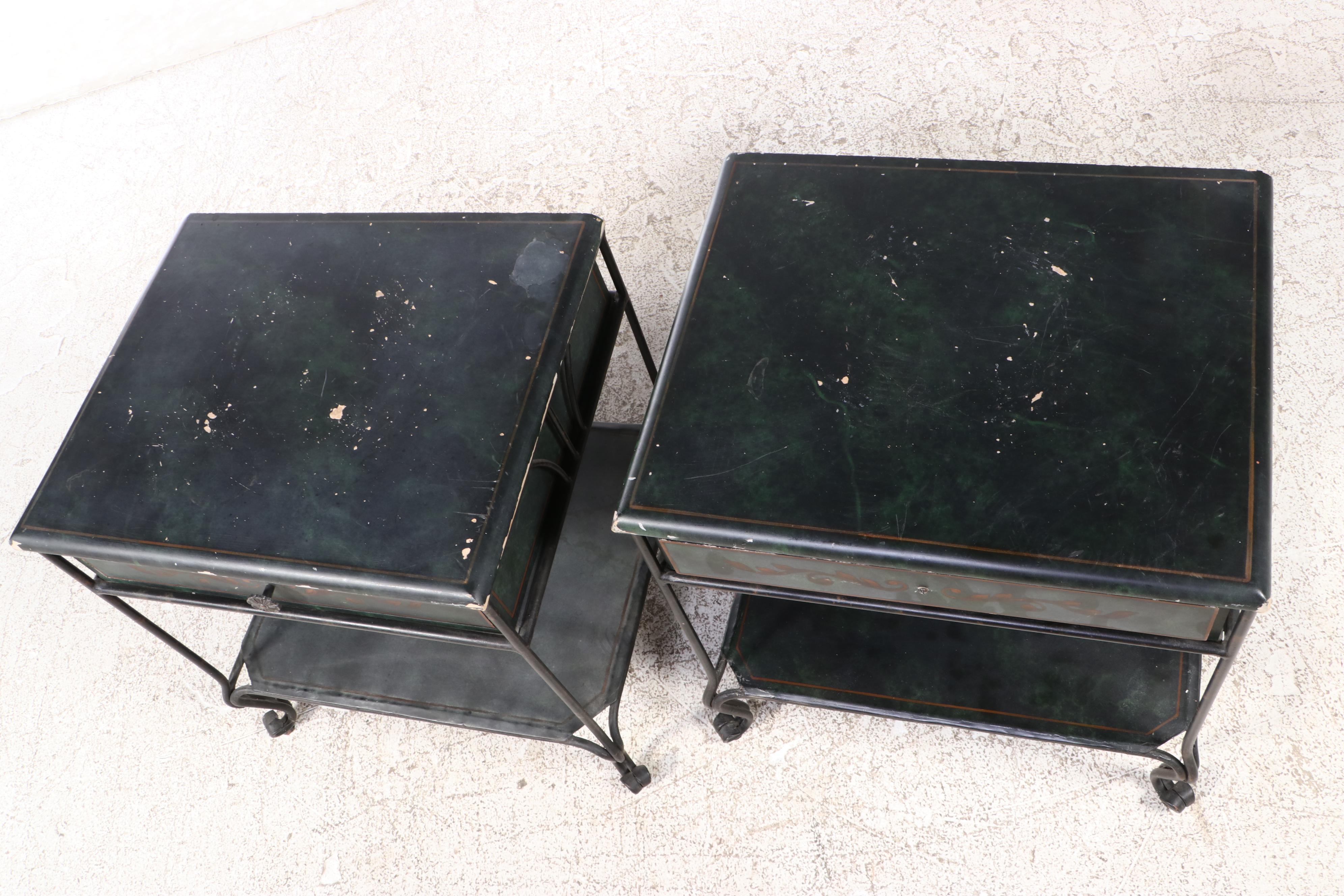 Pair of Black Finish Wood and Iron Side Tables