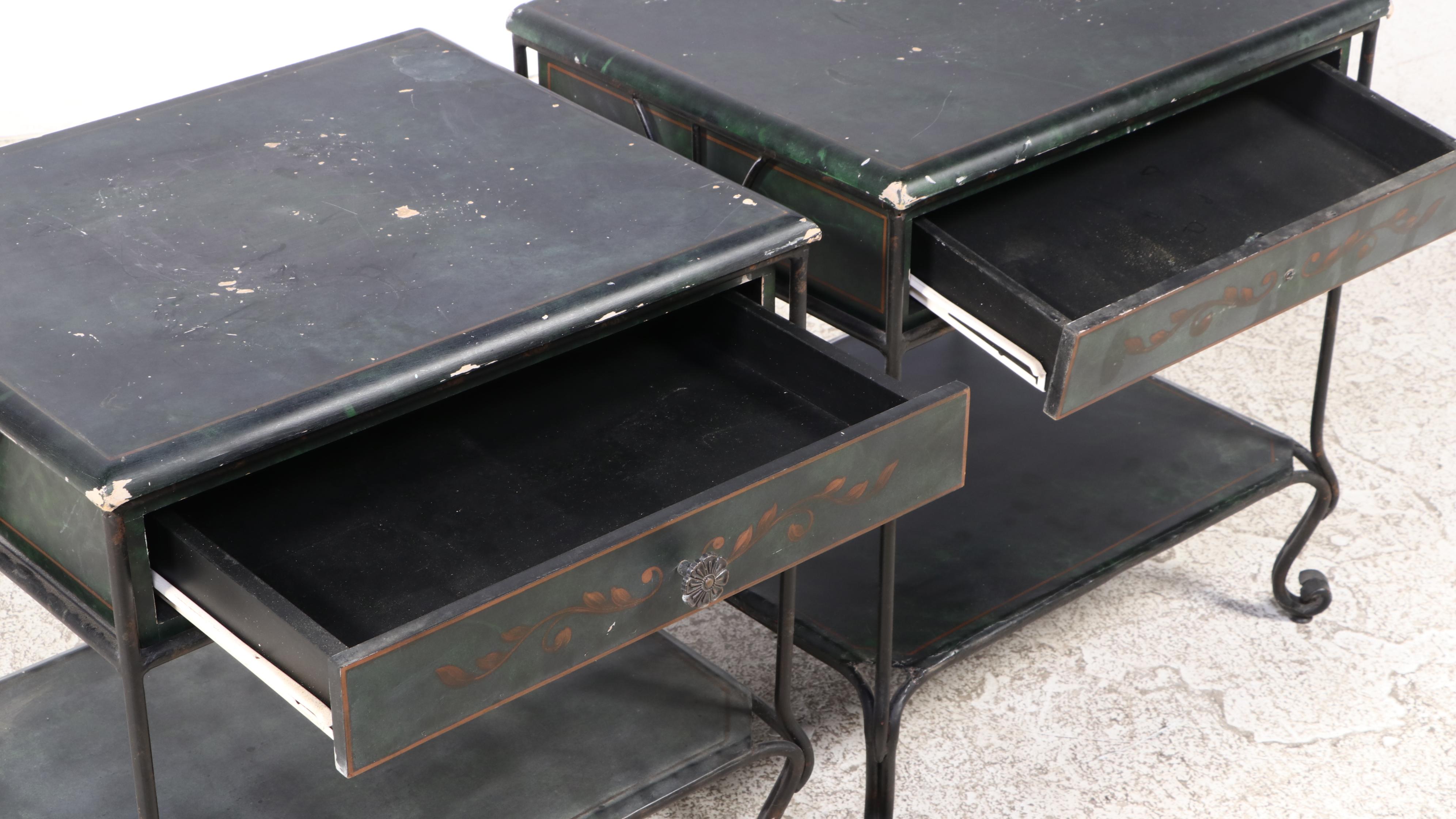 Pair of Black Finish Wood and Iron Side Tables