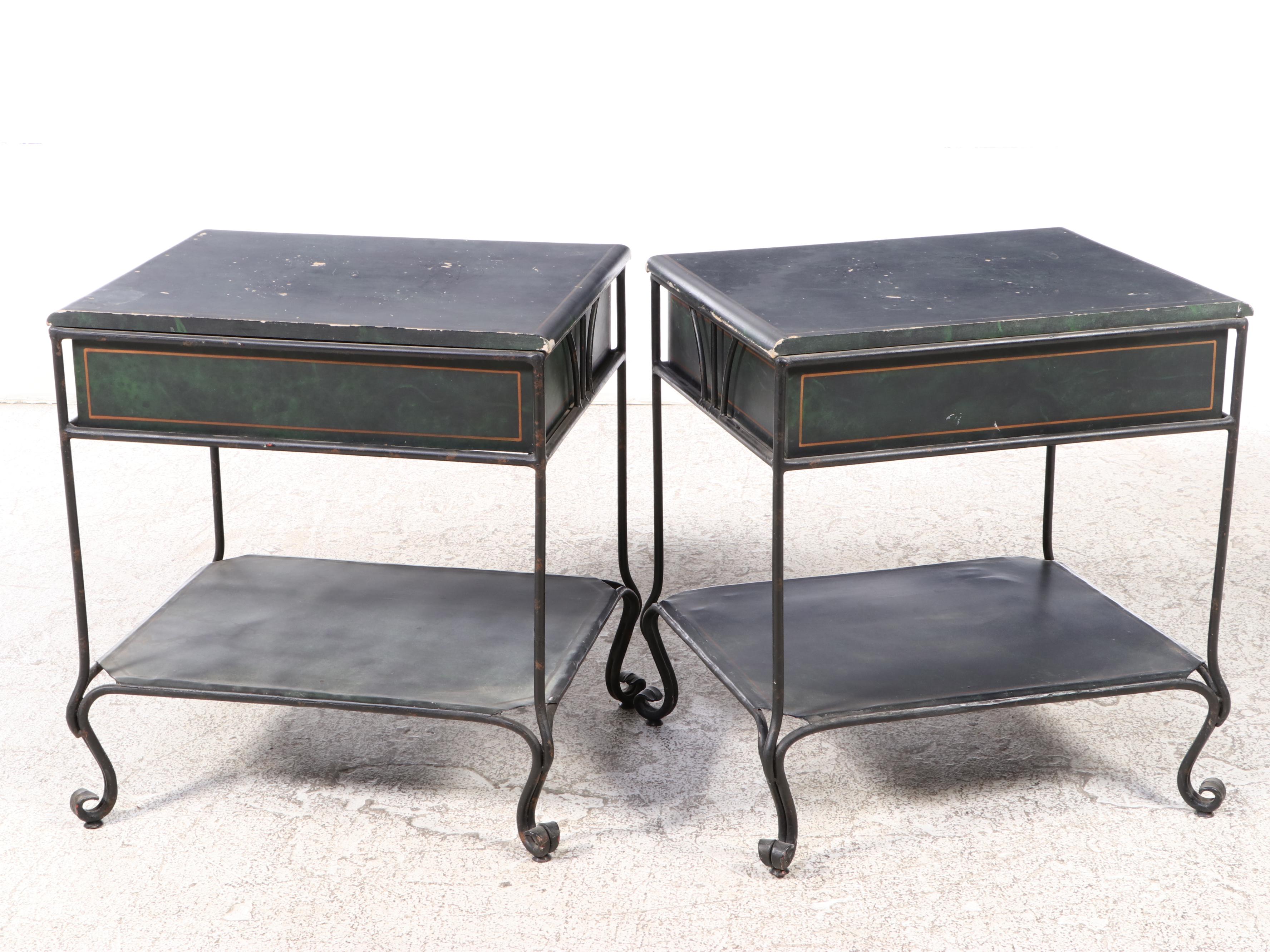 Pair of Black Finish Wood and Iron Side Tables