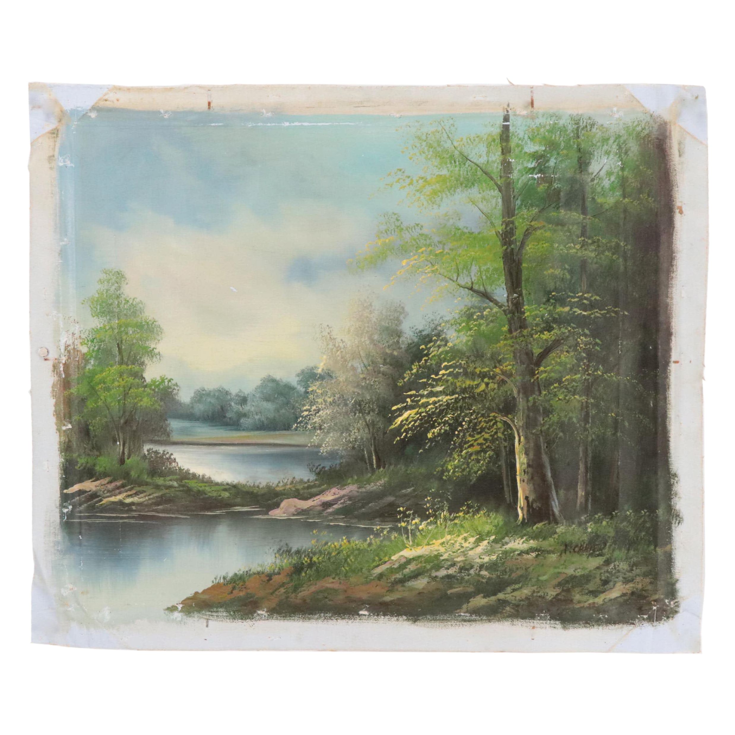 Landscape Oil Painting of Forest and Lake, Circa 1990