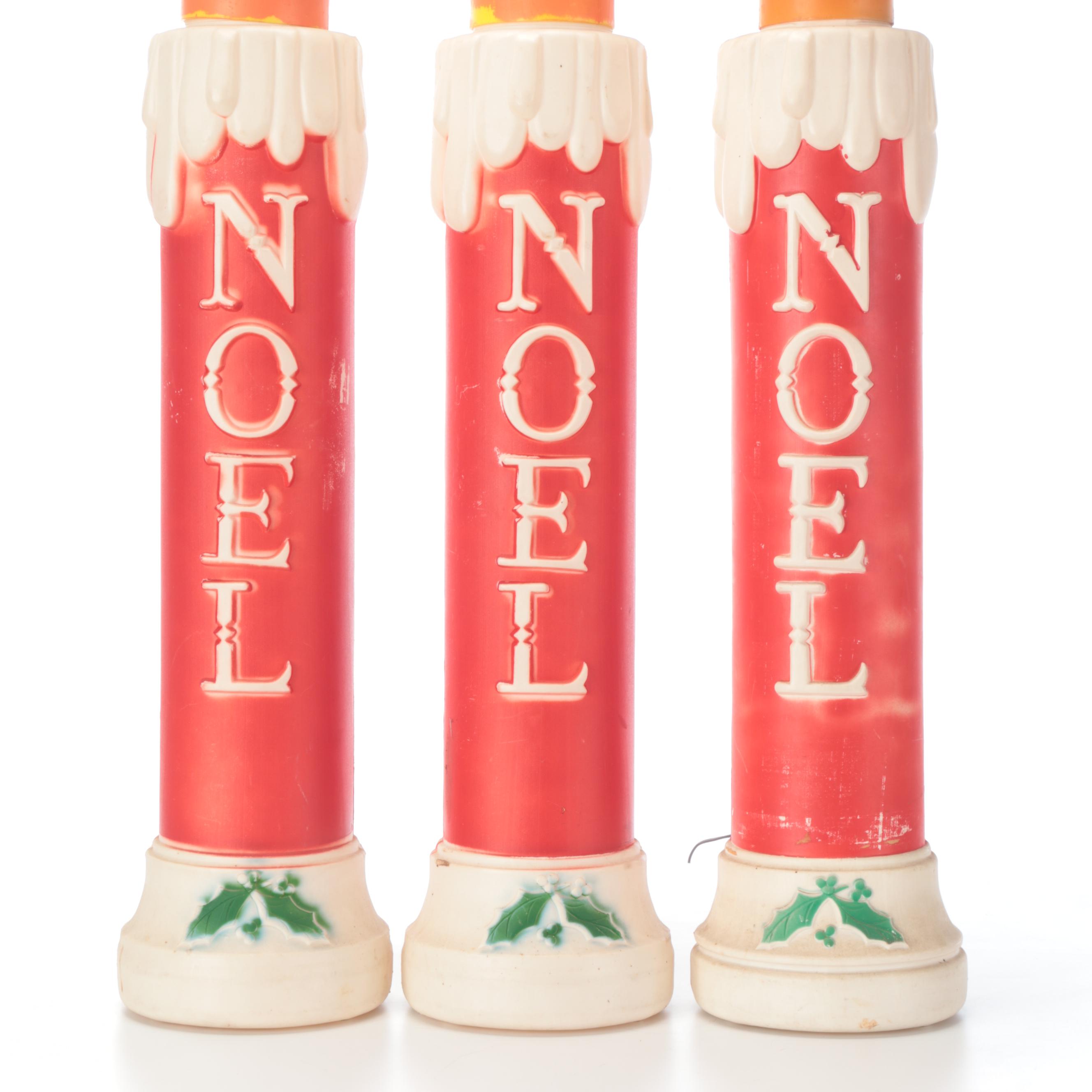 Three "Noel" Blow Mold Plastic Christmas Candle Yard Decorations with Lamp Post