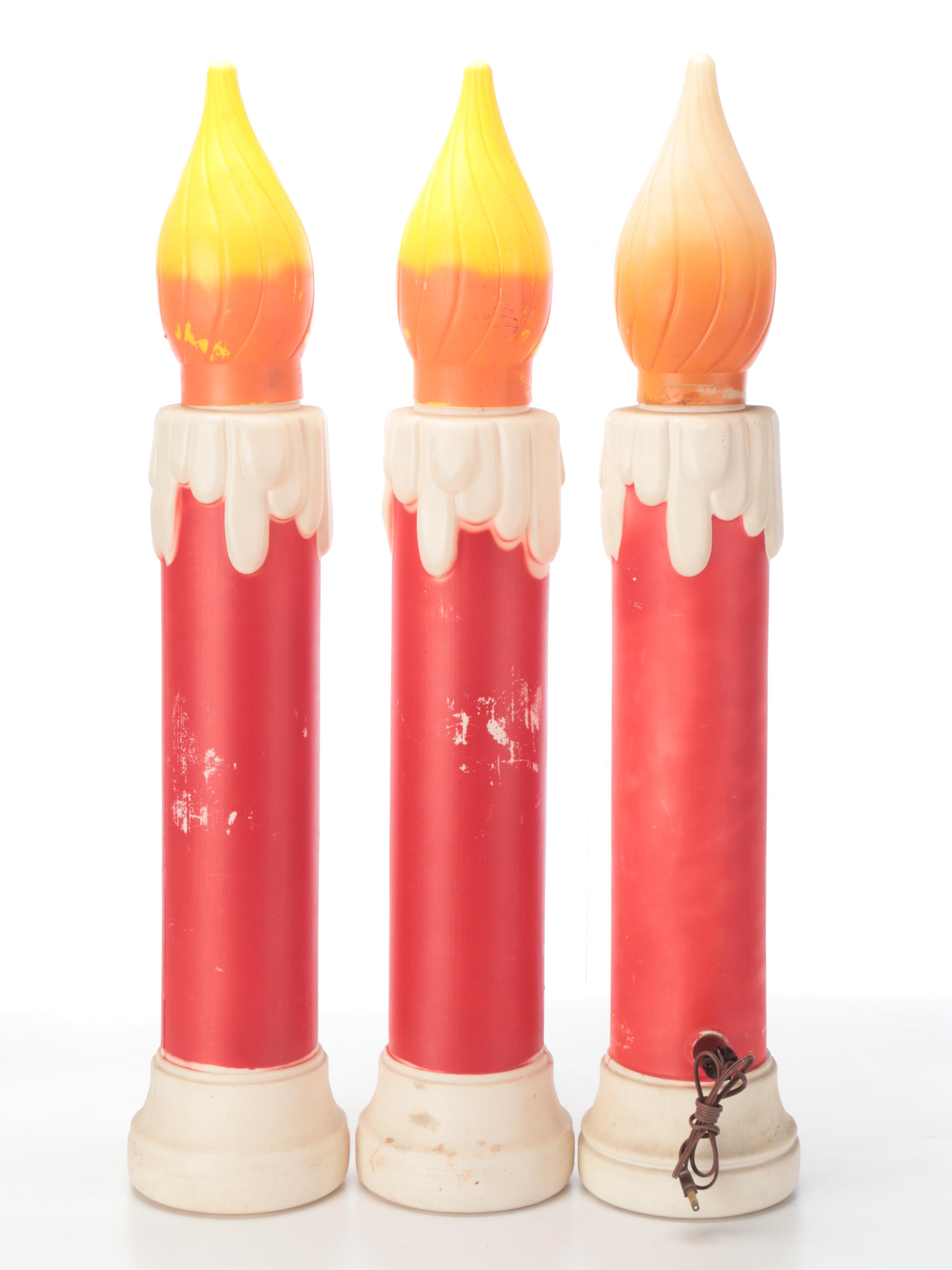 Three "Noel" Blow Mold Plastic Christmas Candle Yard Decorations with Lamp Post